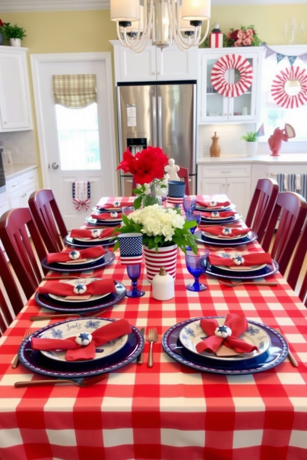 A festive kitchen setting for Memorial Day featuring a long dining table adorned with red white and blue table settings. The table is dressed with a vibrant checkered tablecloth and complemented by coordinating plates and napkins, creating a cheerful and patriotic atmosphere.