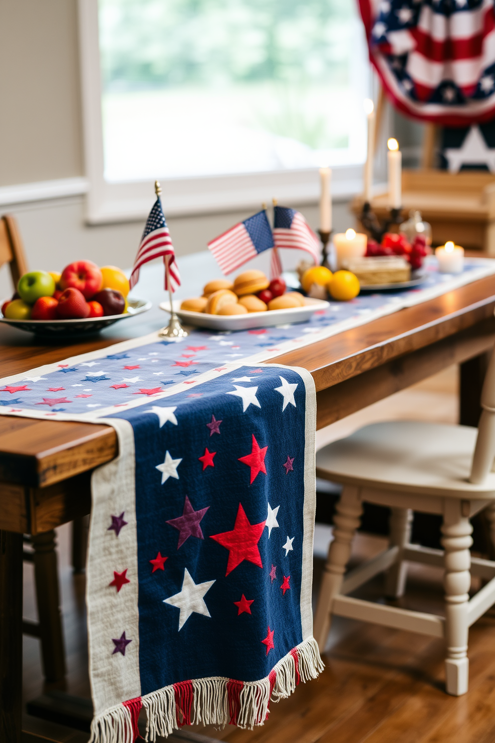 A vibrant table runner adorned with red white and blue stars and stripes gracefully drapes over a rustic wooden dining table. Freshly baked goods and seasonal fruits are artfully arranged alongside the runner to enhance the festive atmosphere. Incorporate small American flags and miniature decorative elements to accentuate the patriotic theme. Soft lighting from nearby candles creates a warm inviting ambiance perfect for celebrating Memorial Day with family and friends.