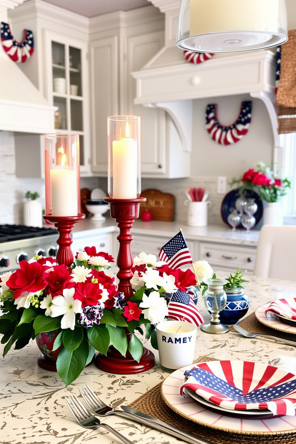 Create a warm and inviting kitchen atmosphere decorated for Memorial Day. Incorporate candle holders in red and blue tones on the countertop, surrounded by fresh flowers and festive tableware.