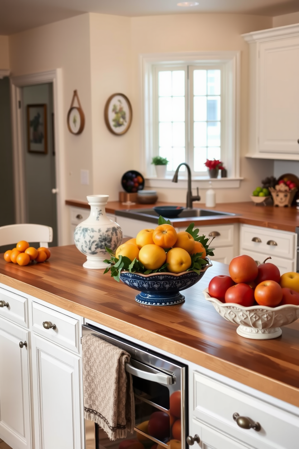 A bright and inviting kitchen adorned with decorative bowls filled with seasonal fruits. The countertops are a warm wood finish, and the walls are painted in a soft cream color, creating a welcoming atmosphere for family gatherings.