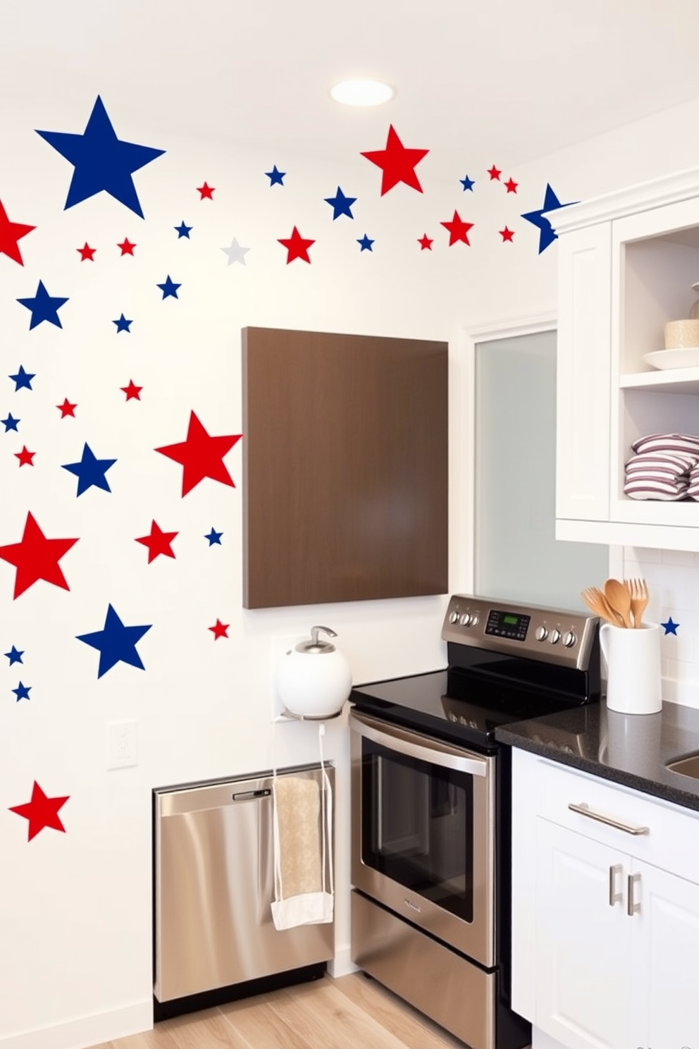 A vibrant kitchen adorned with wall decals featuring stars and stripes in red white and blue. The decals create a festive atmosphere perfect for celebrating Memorial Day while complementing the modern cabinetry and stainless steel appliances.