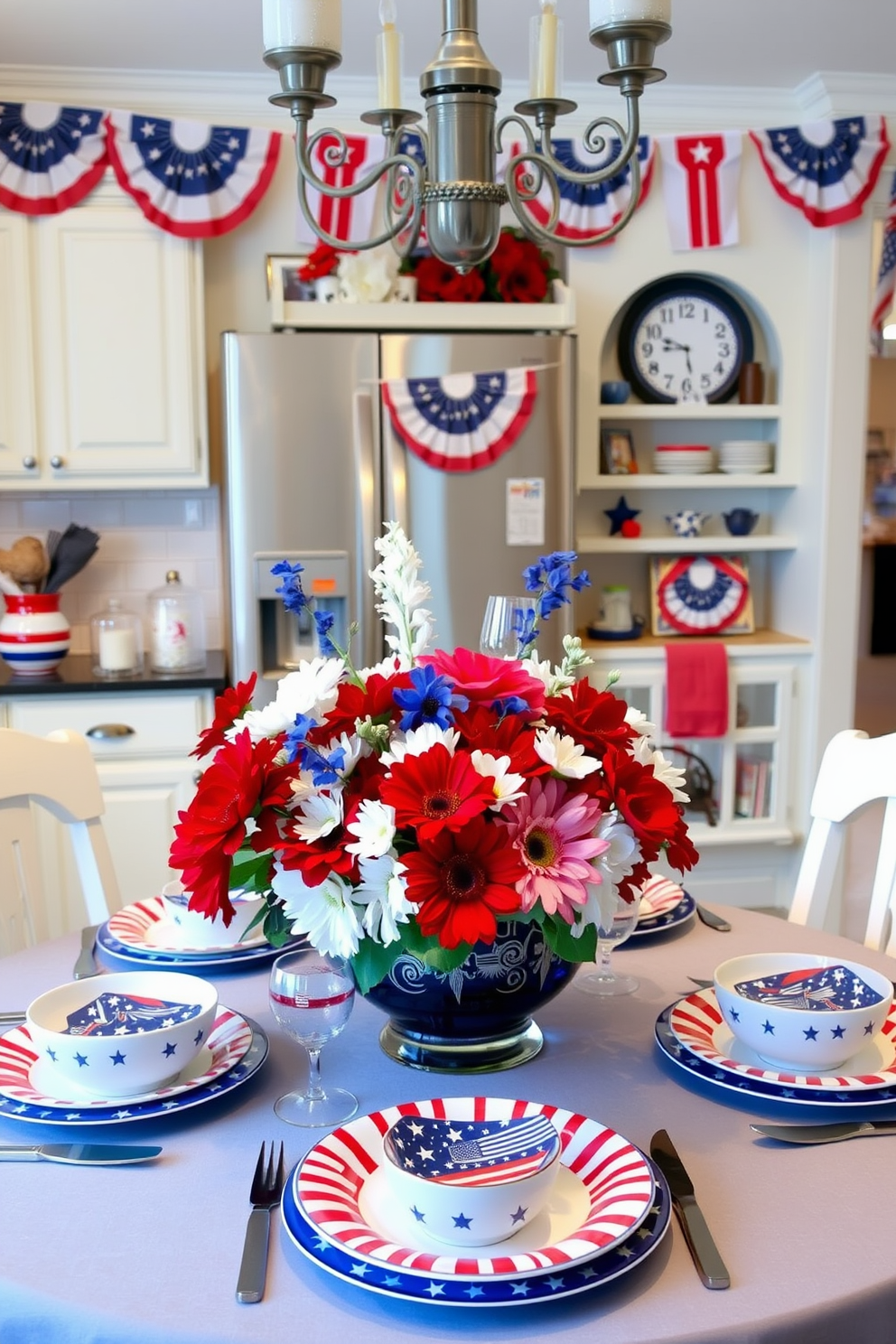 A festive kitchen setting designed for Memorial Day. The table is set with red white and blue themed dinnerware, featuring star and stripe patterns that celebrate the holiday. A centerpiece of fresh flowers in red white and blue hues adds a vibrant touch. The kitchen decor includes patriotic bunting and themed accents that enhance the celebratory atmosphere.