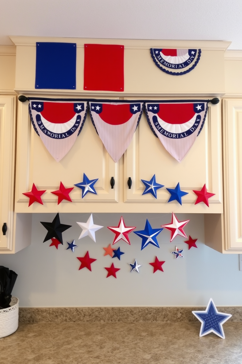 Festive banners hang from the upper cabinets, adorned with red, white, and blue colors to celebrate Memorial Day. The kitchen features a cheerful arrangement of decorative stars and stripes, creating a warm and inviting atmosphere for gatherings.