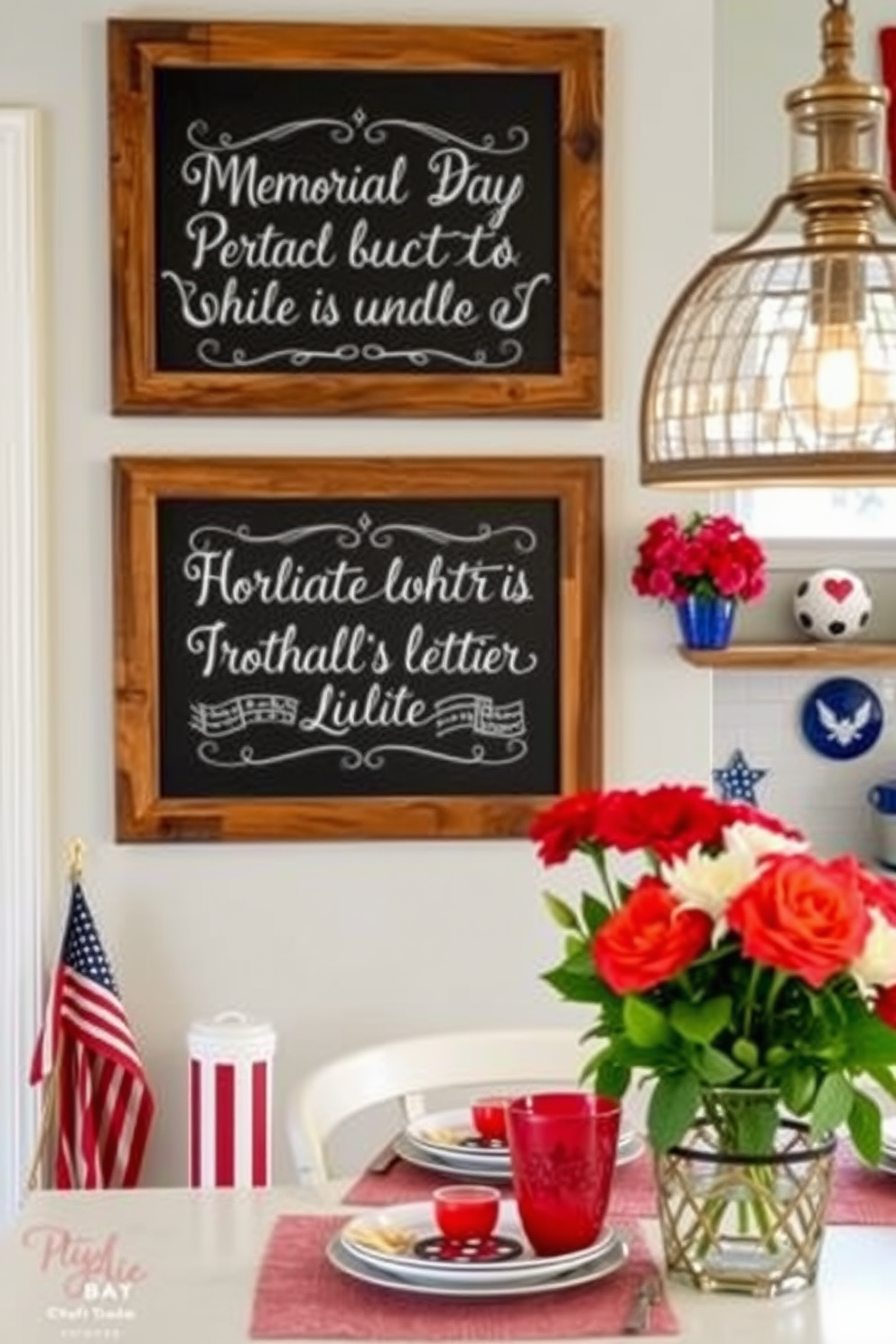 Chalkboard signs adorned with heartfelt Memorial Day quotes create a warm and inviting atmosphere. The signs are framed in rustic wood, enhancing the kitchen's charm while honoring the spirit of the holiday. Incorporate vibrant red, white, and blue decorations throughout the kitchen to celebrate Memorial Day. Use fresh flowers and themed tableware to create a festive and patriotic ambiance.