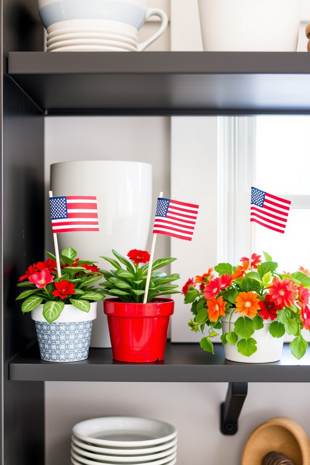 Mini flags placed in vibrant potted plants add a festive touch to the kitchen decor. The plants are arranged on open shelving, creating a cheerful and inviting atmosphere for Memorial Day celebrations.