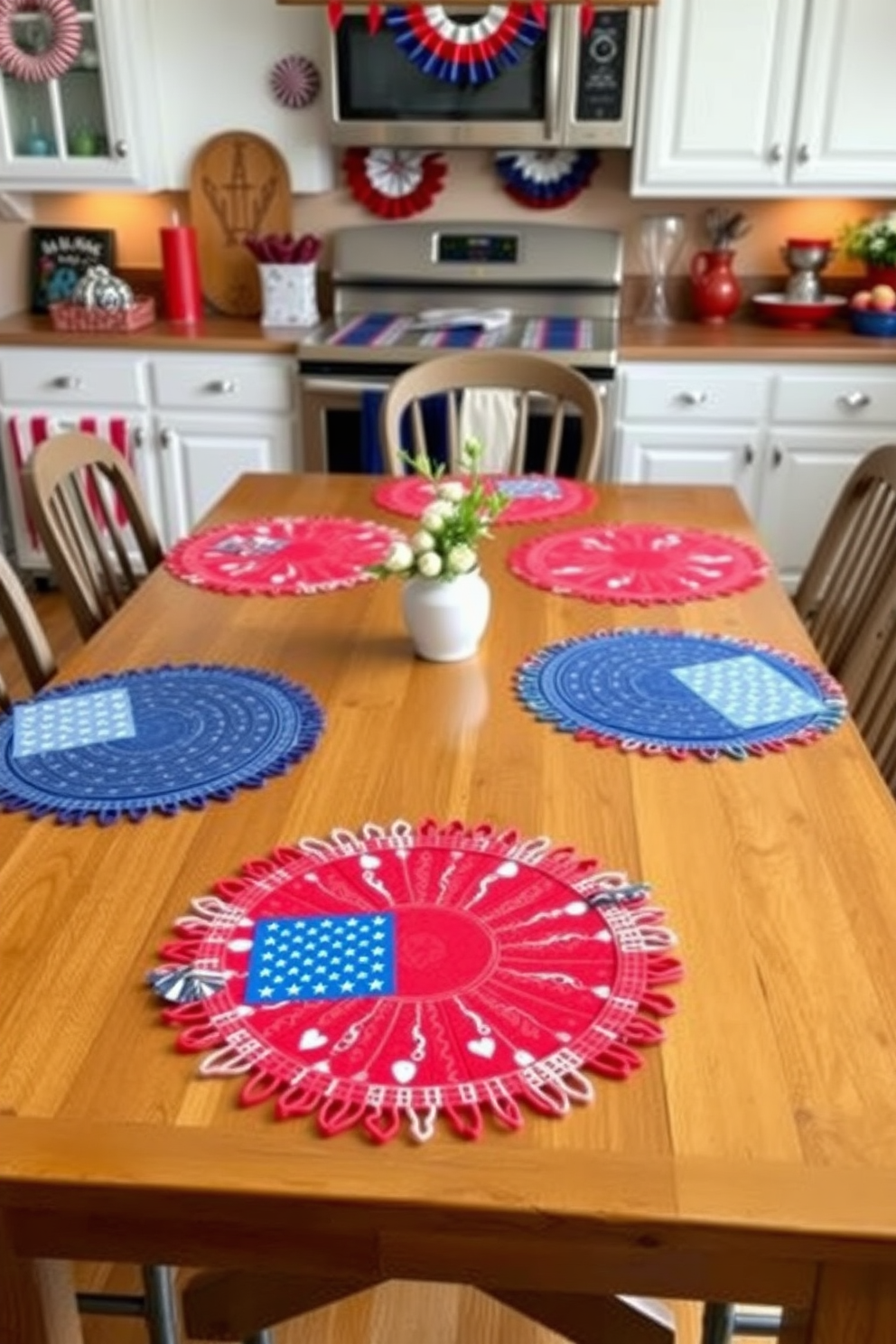 Colorful placemats are spread across a wooden dining table, each featuring vibrant patterns and hues that evoke a festive atmosphere. The kitchen is adorned with cheerful decorations like red, white, and blue accents, celebrating the spirit of Memorial Day with a warm and inviting ambiance.