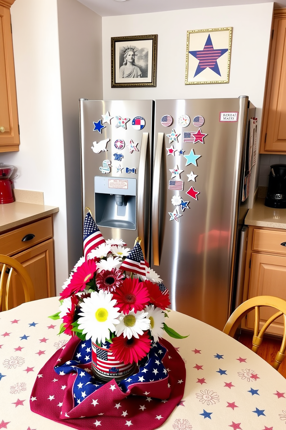 Themed fridge magnets with patriotic designs are creatively arranged on a stainless steel refrigerator. The kitchen features a bright color palette with red, white, and blue accents, enhancing the festive atmosphere for Memorial Day celebrations. Decorative elements include a star-spangled tablecloth and a centerpiece made of fresh flowers in patriotic colors. The walls are adorned with framed artwork depicting iconic American symbols, adding to the overall theme of the kitchen decor.