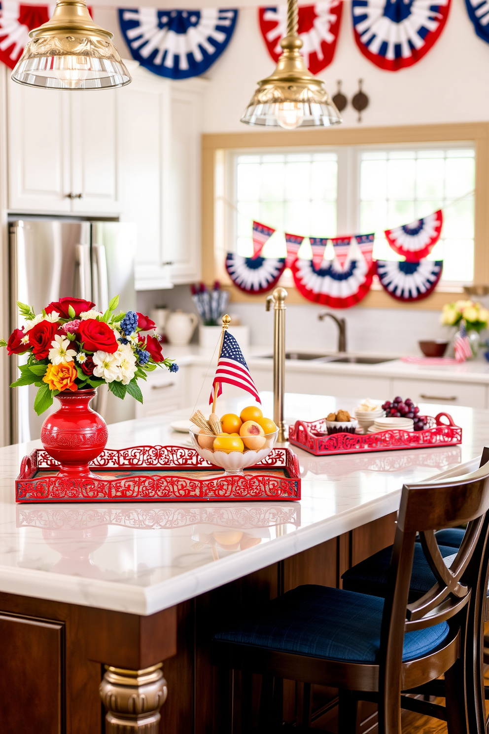 Decorative serving trays with red accents are elegantly arranged on a white marble countertop. The trays feature intricate designs and are complemented by fresh flowers and seasonal fruits, adding a festive touch to the kitchen. For Memorial Day kitchen decorating ideas, a vibrant color palette of red, white, and blue is used throughout the space. Banners and themed tableware enhance the patriotic atmosphere, creating a warm and inviting setting for gatherings.