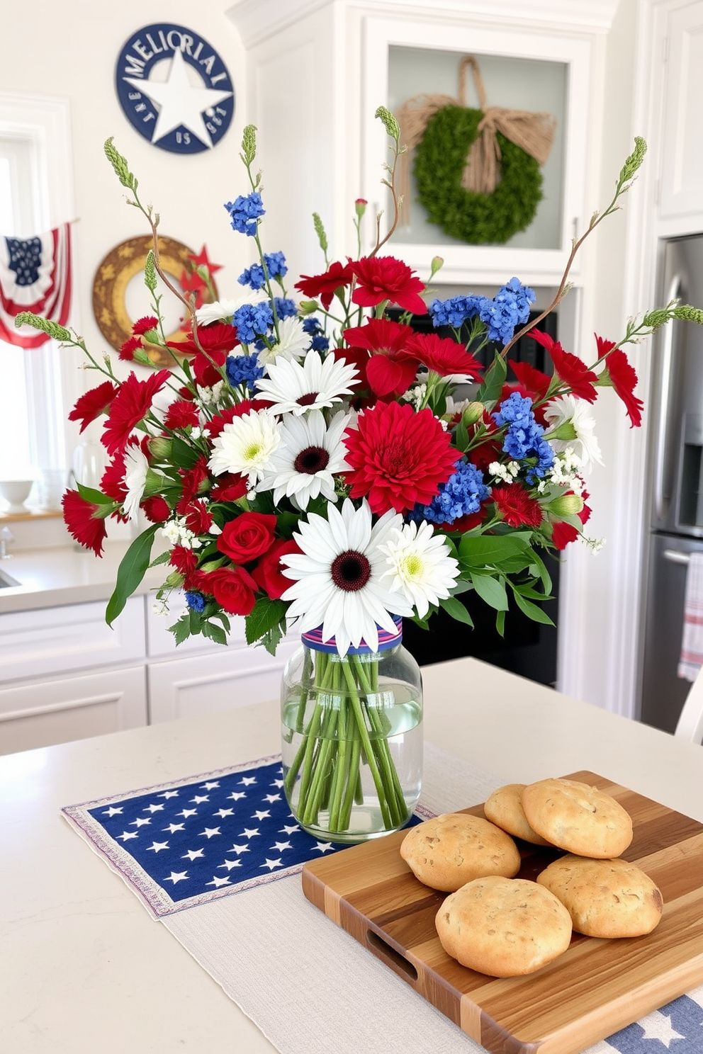 Seasonal floral arrangements in a kitchen vase create a vibrant and inviting atmosphere. The arrangement features fresh red, white, and blue blooms, celebrating the spirit of Memorial Day. The kitchen is adorned with patriotic-themed decorations, including a table runner with stars and stripes. A wooden cutting board displays freshly baked goods, complementing the festive decor.