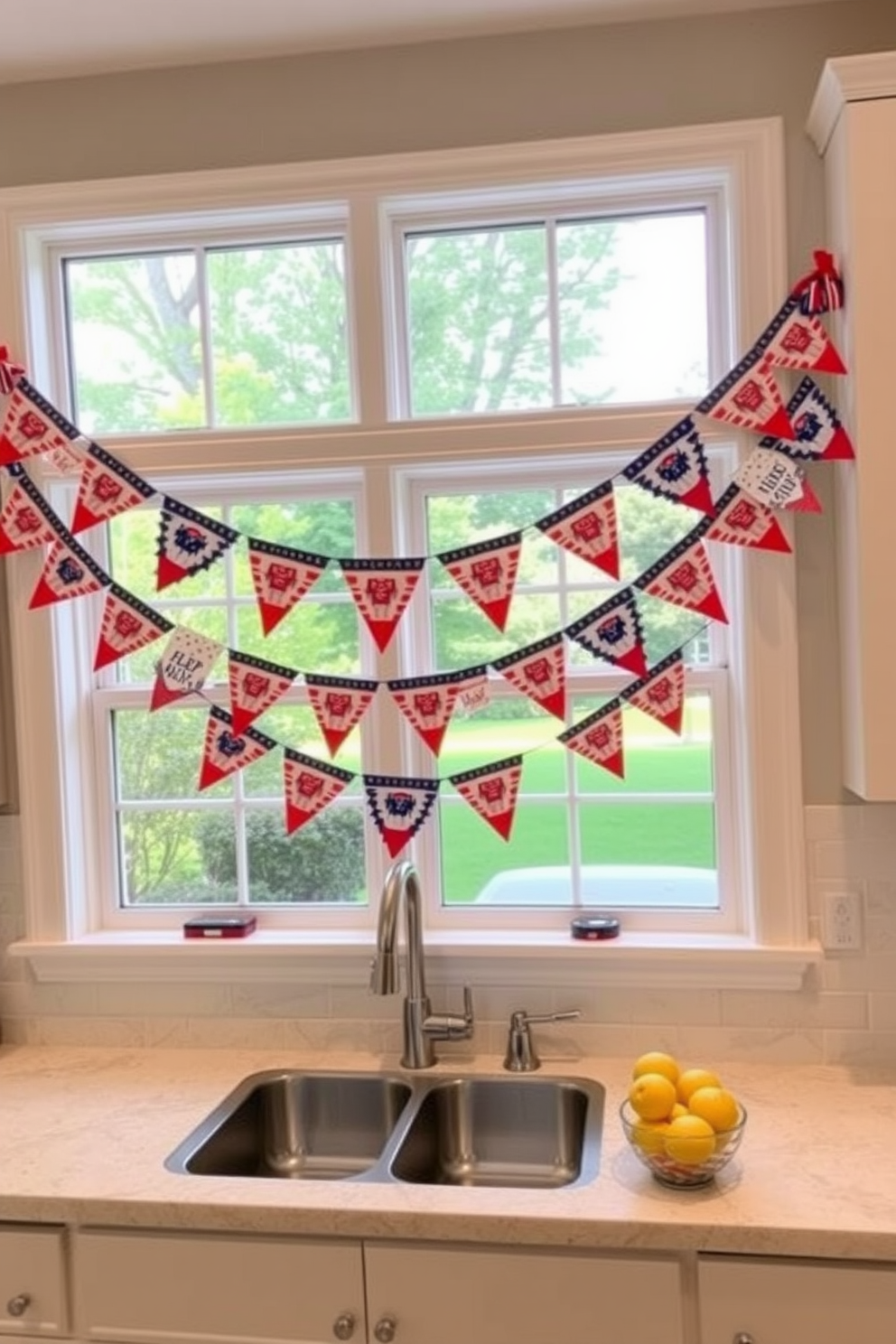 A festive kitchen adorned with bunting decorations strung across the windows, creating a cheerful atmosphere. The bunting features red, white, and blue patterns to celebrate Memorial Day, adding a touch of patriotism to the space.