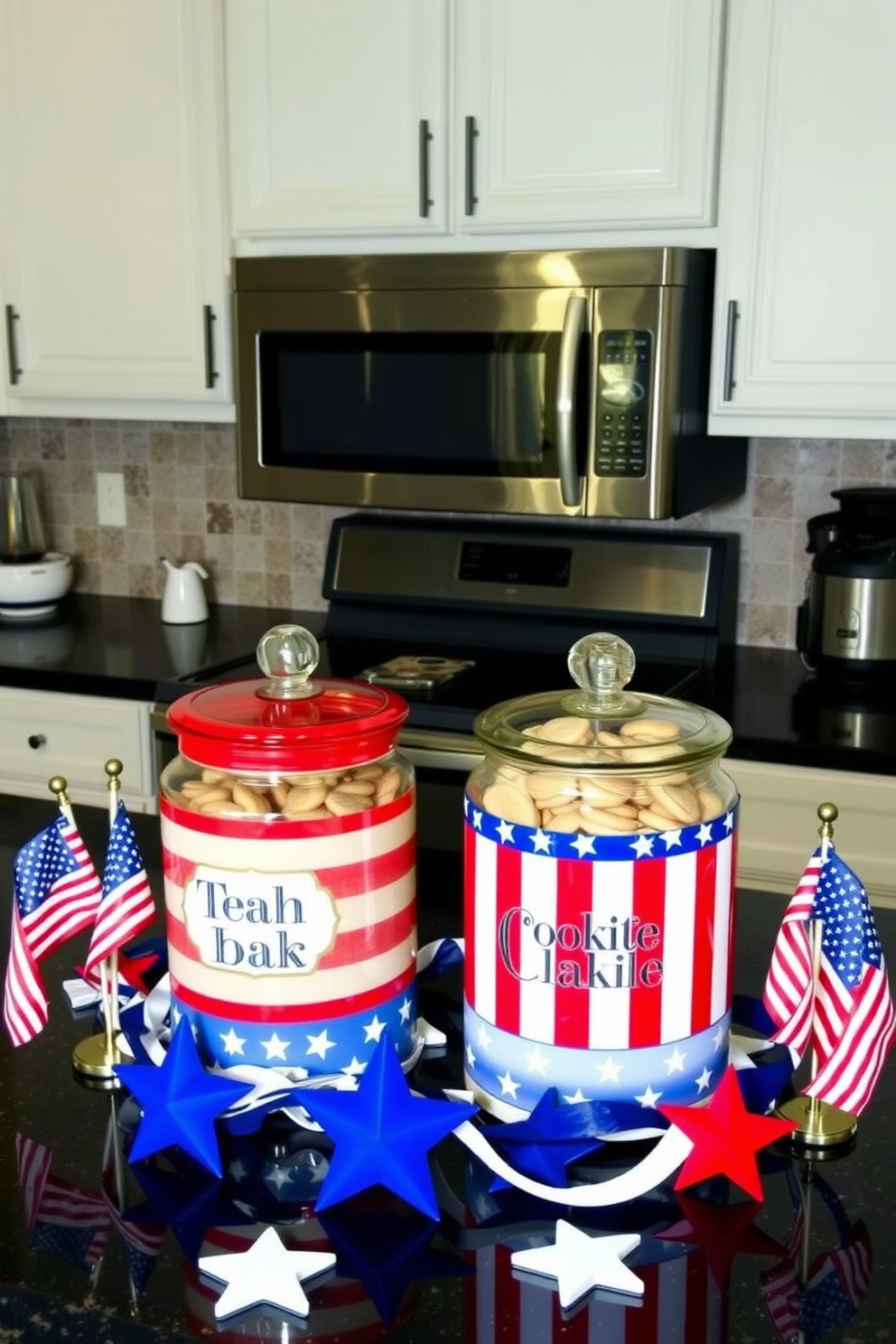 Patriotic themed cookie jars are placed on the kitchen counters, featuring vibrant red, white, and blue designs. The jars are surrounded by festive decorations, including small flags and star-shaped accents to enhance the Memorial Day spirit.