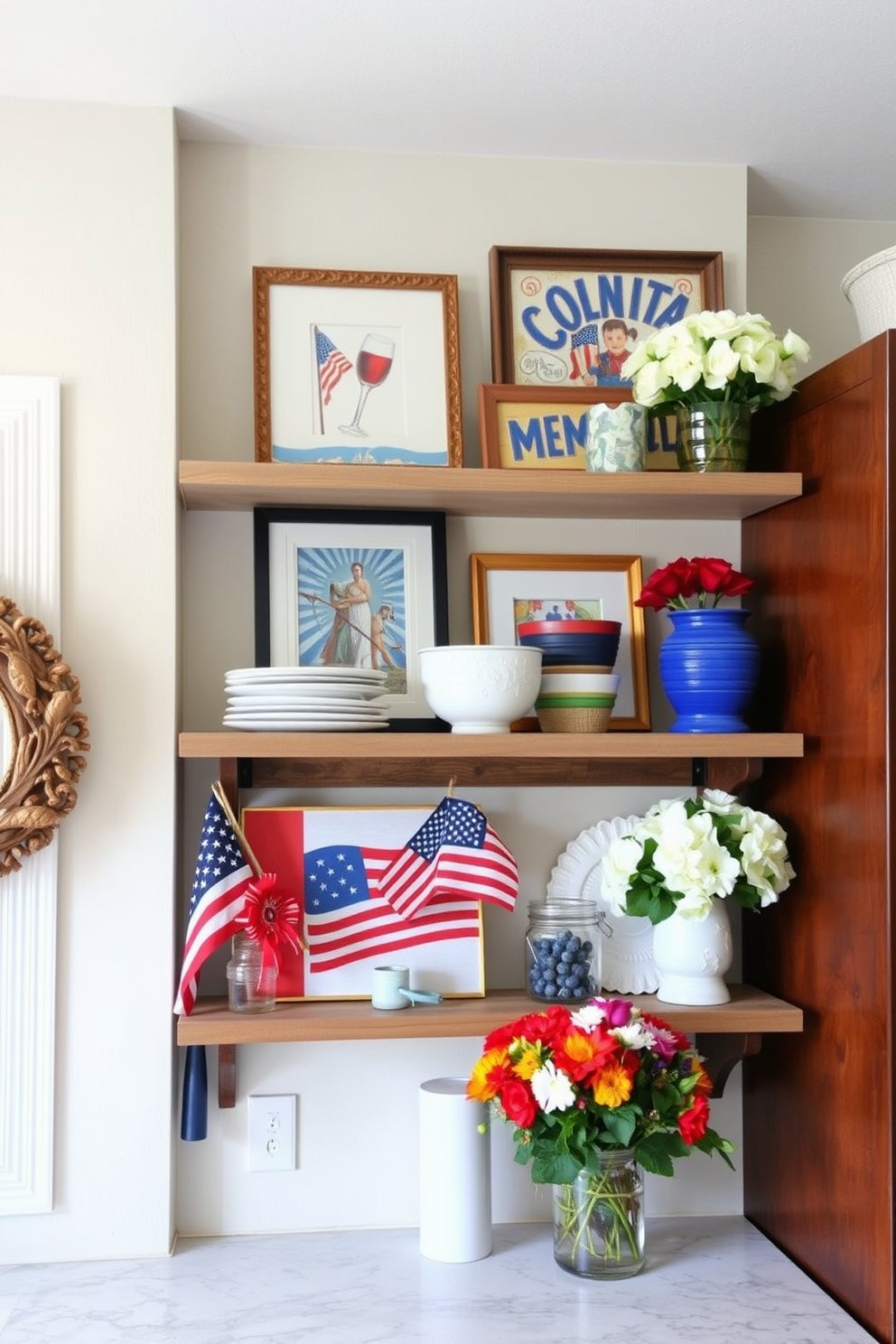 Seasonal artwork displayed on shelves creates a vibrant and inviting atmosphere in the kitchen. The shelves are adorned with colorful pieces that reflect the spirit of Memorial Day, adding a festive touch to the space. The kitchen features a rustic wooden shelf that showcases red white and blue themed artwork. Fresh flowers and decorative items complement the seasonal decor, enhancing the overall aesthetic of the room.