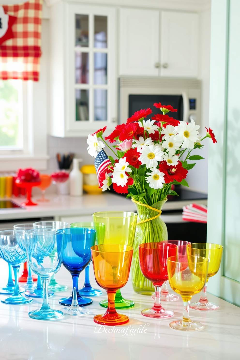 A vibrant kitchen setting adorned with colorful glassware for summer drinks. The countertop is filled with an array of glasses in various hues, reflecting sunlight and creating a cheerful atmosphere. Fresh flowers in a bright vase sit beside the glassware, adding a touch of nature to the decor. Red, white, and blue accents celebrate Memorial Day, enhancing the festive spirit of the kitchen.