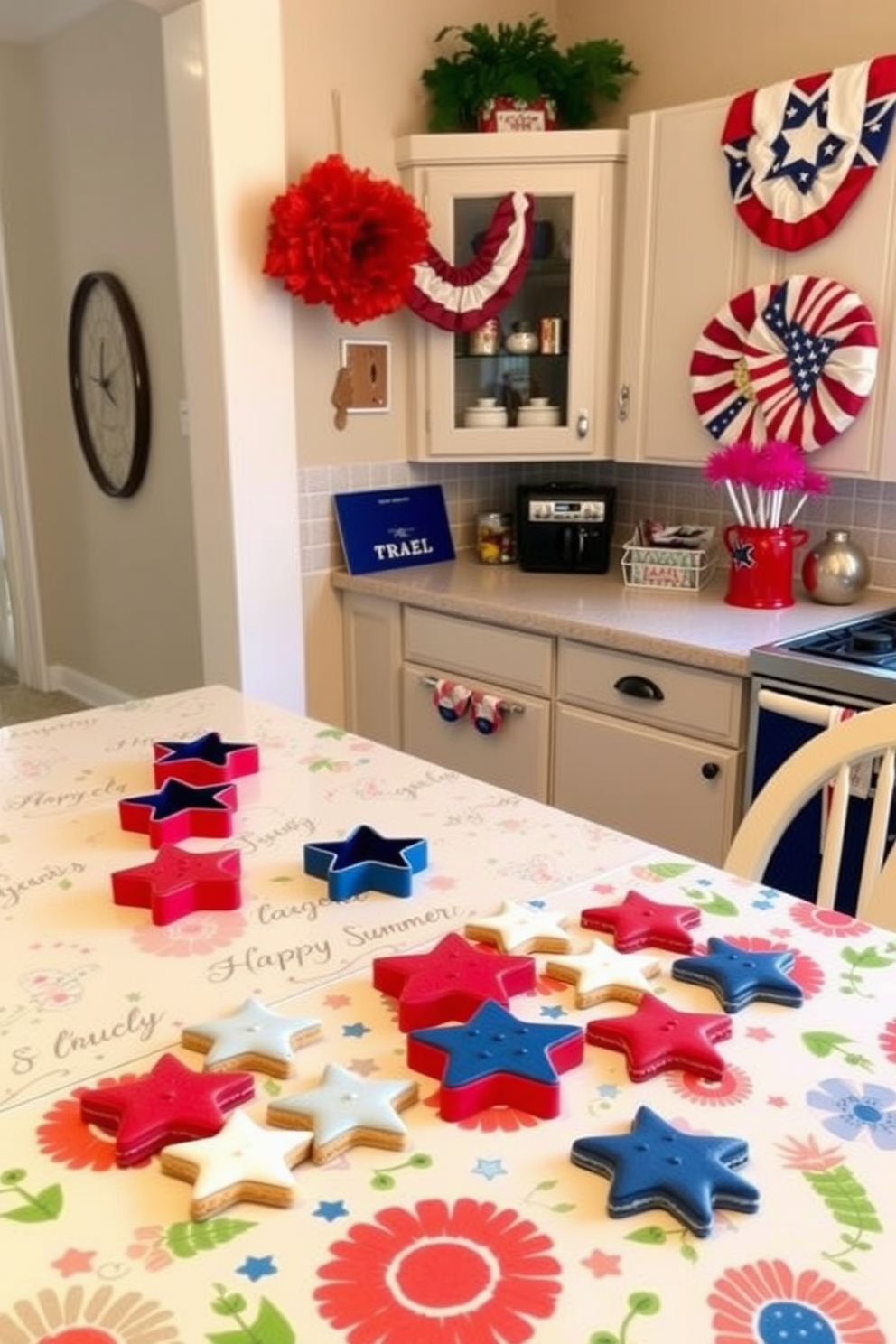 A festive kitchen setting adorned with red white and blue decorations. On the countertop are star shaped cookie cutters alongside a batch of freshly baked cookies in patriotic colors. The walls are decorated with bunting featuring stars and stripes. A cheerful tablecloth with a summer theme covers the dining table where the cookies are displayed.