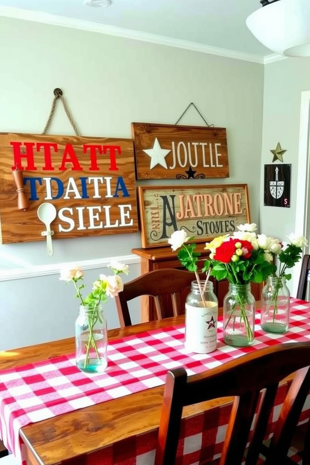 Rustic wooden signs with patriotic messages can be displayed prominently in a cozy kitchen setting. These signs feature bold lettering in red, white, and blue, adding a festive touch to the decor. Incorporate elements like vintage utensils and mason jars filled with fresh flowers to enhance the rustic charm. A wooden dining table adorned with a red and white checkered tablecloth completes the inviting atmosphere.