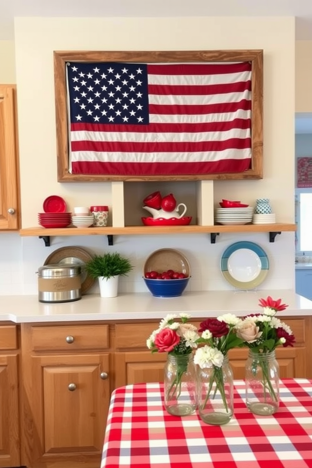 A vintage American flag is prominently displayed on the wall, creating a focal point in the kitchen. The flag is framed in a rustic wooden frame that complements the warm tones of the cabinetry. Decorative elements such as red, white, and blue dishware are arranged on open shelves, enhancing the patriotic theme. A festive table setting features a checkered tablecloth and mason jar centerpieces filled with fresh flowers.