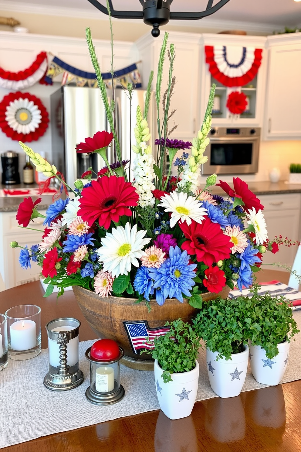 A festive centerpiece featuring a variety of fresh flowers in vibrant colors arranged in a rustic wooden bowl. Surrounding the centerpiece are small decorative items such as candles and patriotic-themed accents to enhance the Memorial Day theme. The kitchen is adorned with red white and blue decorations including bunting and table runners. Fresh herbs in decorative pots are placed on the countertop to add a touch of greenery and a festive feel.