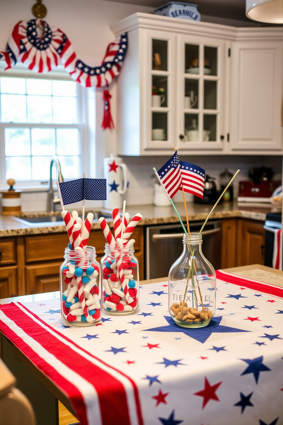 A cozy kitchen setting adorned for Memorial Day. Decorative mason jars filled with red white and blue treats are placed on the countertop alongside a festive tablecloth featuring stars and stripes.