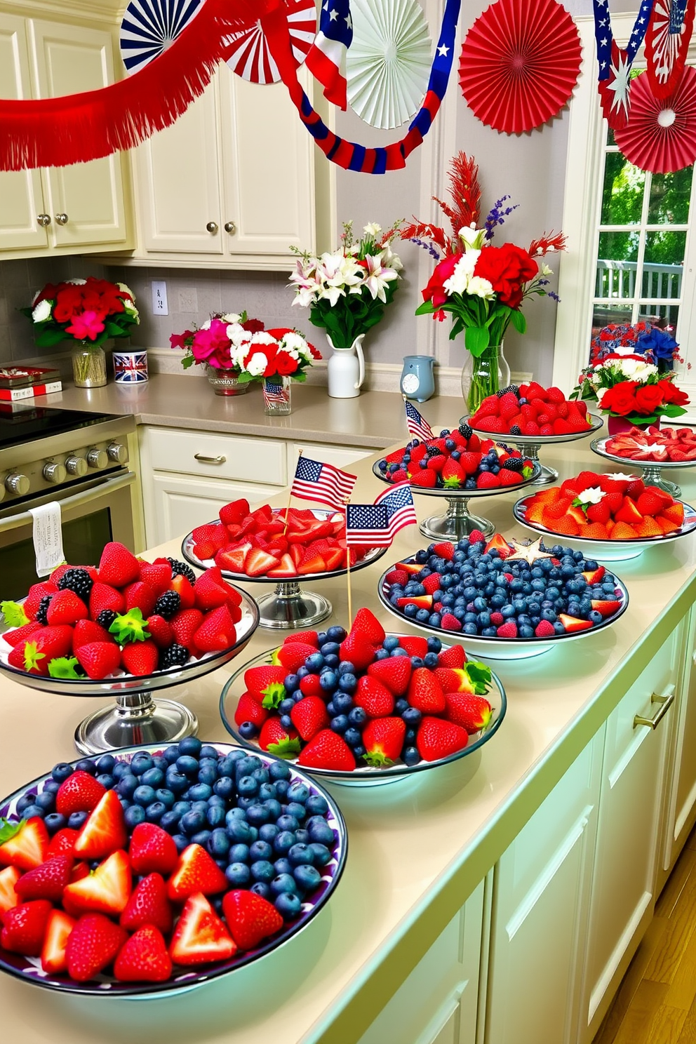 A vibrant kitchen scene showcasing a variety of colorful fruit platters filled with fresh berries. The countertops are adorned with artistic arrangements of strawberries, blueberries, and raspberries, creating a festive atmosphere for Memorial Day celebrations. The kitchen is decorated with red, white, and blue accents, including tableware and floral arrangements. Brightly colored banners and star-shaped decorations enhance the cheerful ambiance, inviting friends and family to gather and enjoy the holiday.