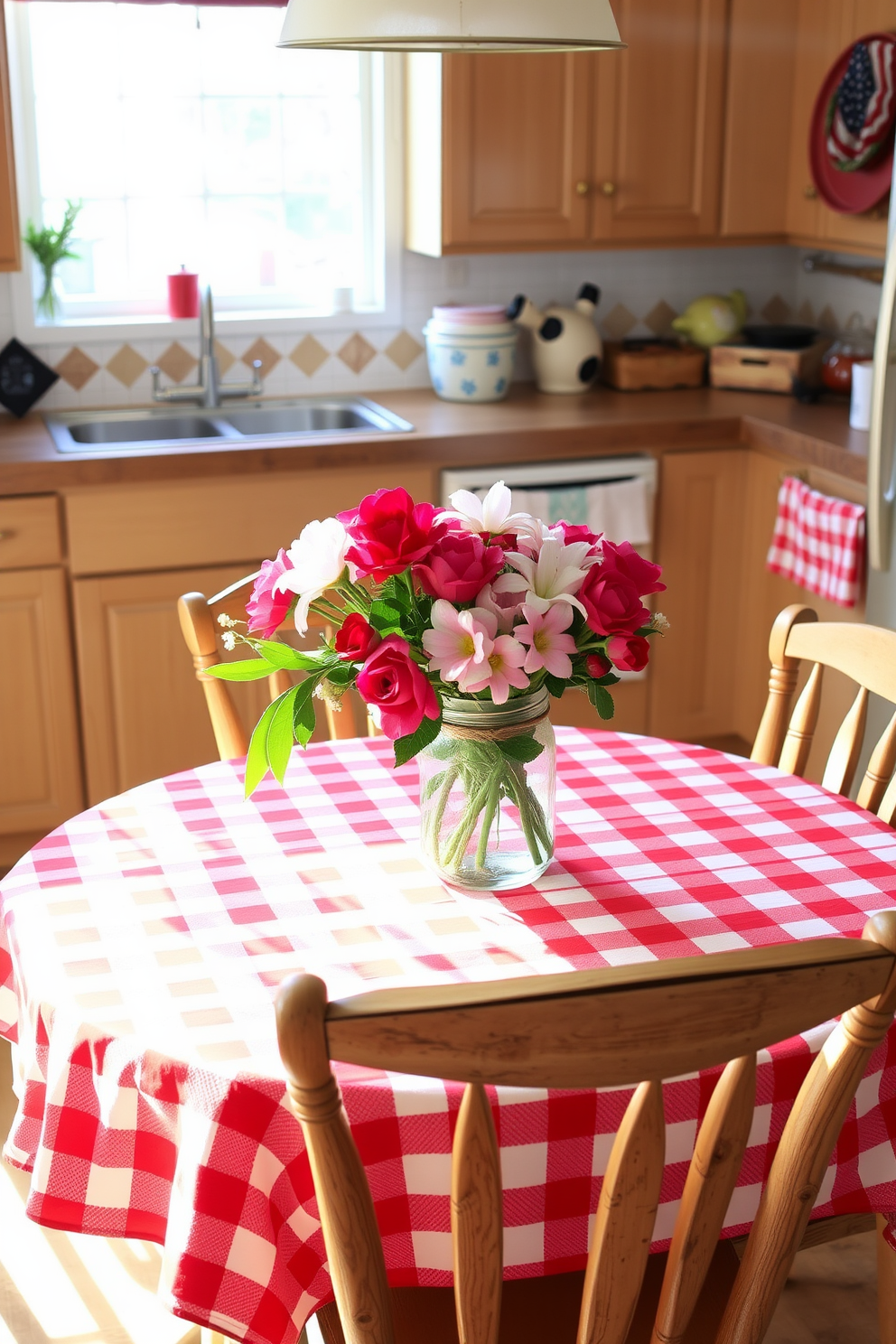 A cozy kitchen setting designed for a Memorial Day picnic vibe. The table is adorned with a vibrant red checkered tablecloth, surrounded by rustic wooden chairs. Fresh flowers in a mason jar serve as a centerpiece, adding a touch of nature to the decor. Sunlight streams through the window, illuminating the cheerful atmosphere and inviting guests to gather and enjoy.