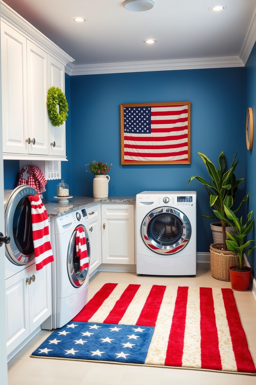 A vibrant laundry room featuring a large American flag rug that adds a patriotic touch. The walls are painted in a soft blue hue, complemented by white cabinetry and a stylish countertop for folding clothes. Decorative elements include red and white accents that enhance the festive atmosphere for Memorial Day. A vintage laundry basket and potted plants sit neatly in the corner, creating a welcoming and functional space.