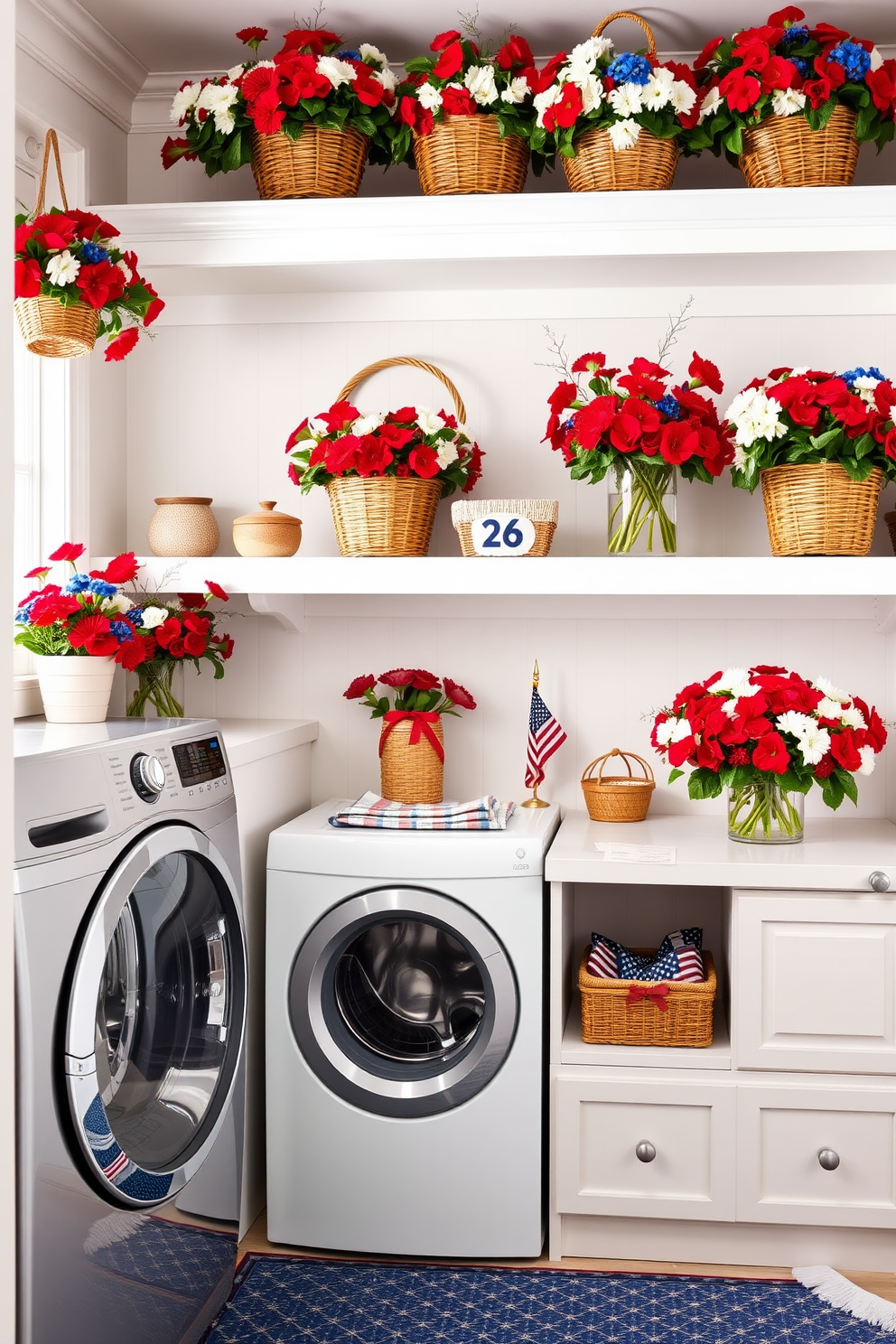 A bright and cheerful laundry room adorned with seasonal flowers in red, white, and blue. The space features open shelving displaying decorative baskets and vibrant flower arrangements, creating a festive atmosphere for Memorial Day.