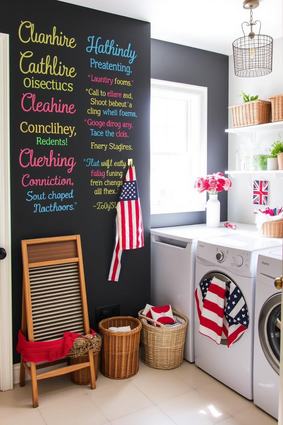 A stylish laundry room features a chalkboard wall adorned with colorful reminders and inspirational quotes. The space is brightened by natural light streaming through a window, complementing the cheerful decor. Incorporate patriotic elements for Memorial Day with red, white, and blue accents throughout the room. A vintage washboard and decorative baskets add charm while keeping the area organized and inviting.