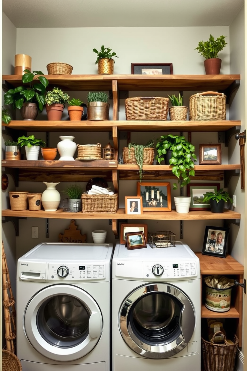 A cozy laundry room featuring rustic wood shelving filled with decorative items. The shelves are adorned with plants, vintage baskets, and framed photos, creating a warm and inviting atmosphere.