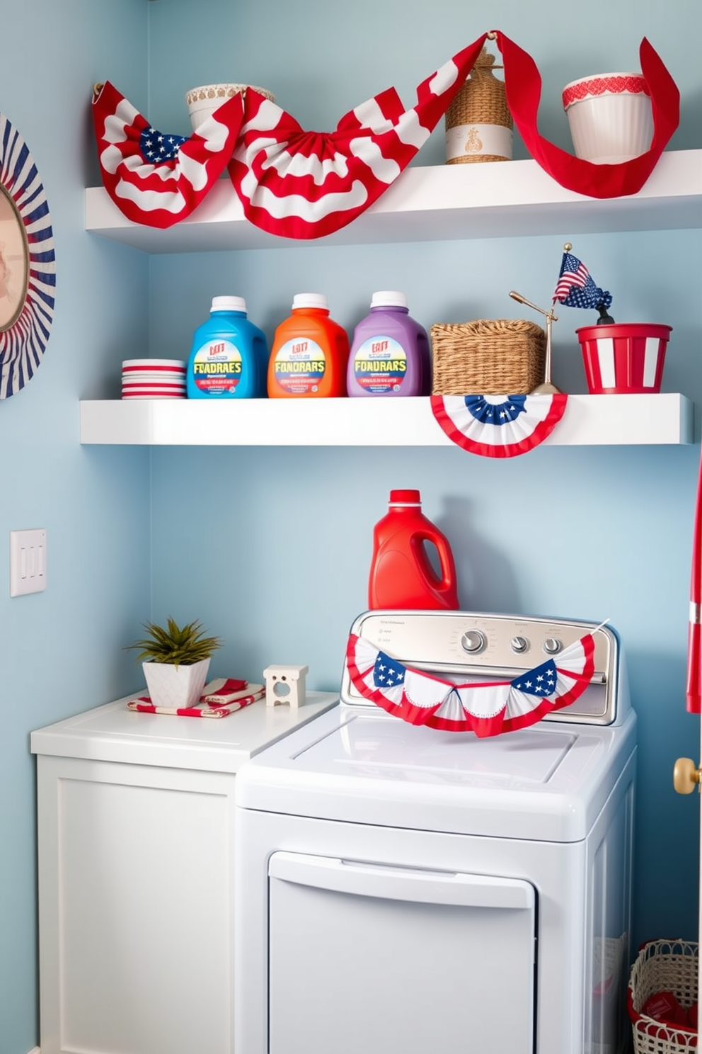 Brightly colored laundry detergent containers are neatly arranged on a sleek white shelf. The walls are painted in a cheerful light blue, creating a fresh and inviting atmosphere for laundry tasks. Memorial Day-themed decorations, such as red, white, and blue accents, are tastefully displayed throughout the room. A vintage-style washing machine sits in the corner, adorned with a festive bunting that adds a touch of holiday spirit.