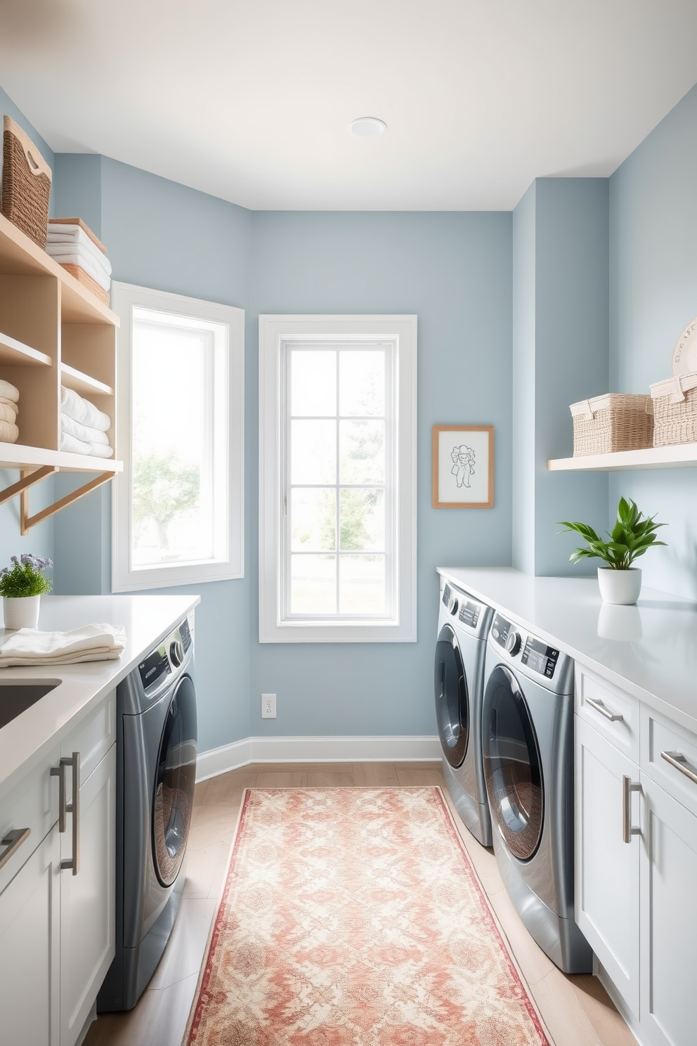 A bright and airy laundry room featuring a spacious countertop for folding clothes. The walls are painted in a soft blue hue, with open shelving displaying neatly folded towels and decorative baskets. Natural light floods the space through a large window, illuminating the modern appliances. A stylish rug adds warmth underfoot, and a small potted plant sits on the countertop for a touch of greenery.