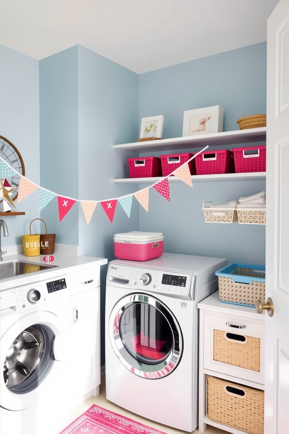 A cheerful laundry room adorned with festive bunting strung along the shelves. The walls are painted in a soft blue hue, complemented by white cabinetry and colorful storage baskets.