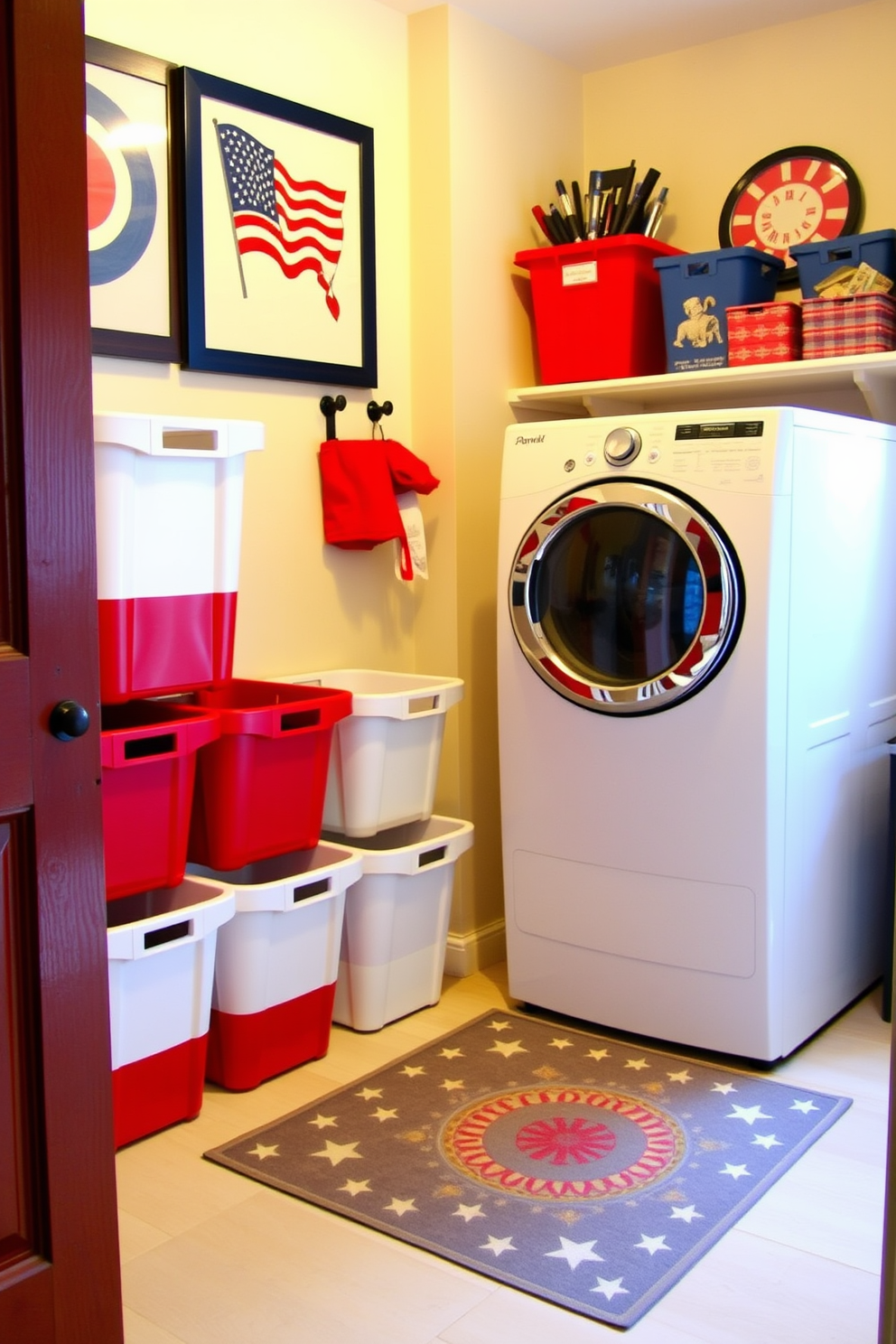 A vibrant laundry room featuring red, white, and blue laundry bins arranged neatly in a corner. The walls are adorned with patriotic-themed artwork, and a cheerful rug in coordinating colors lies on the floor.