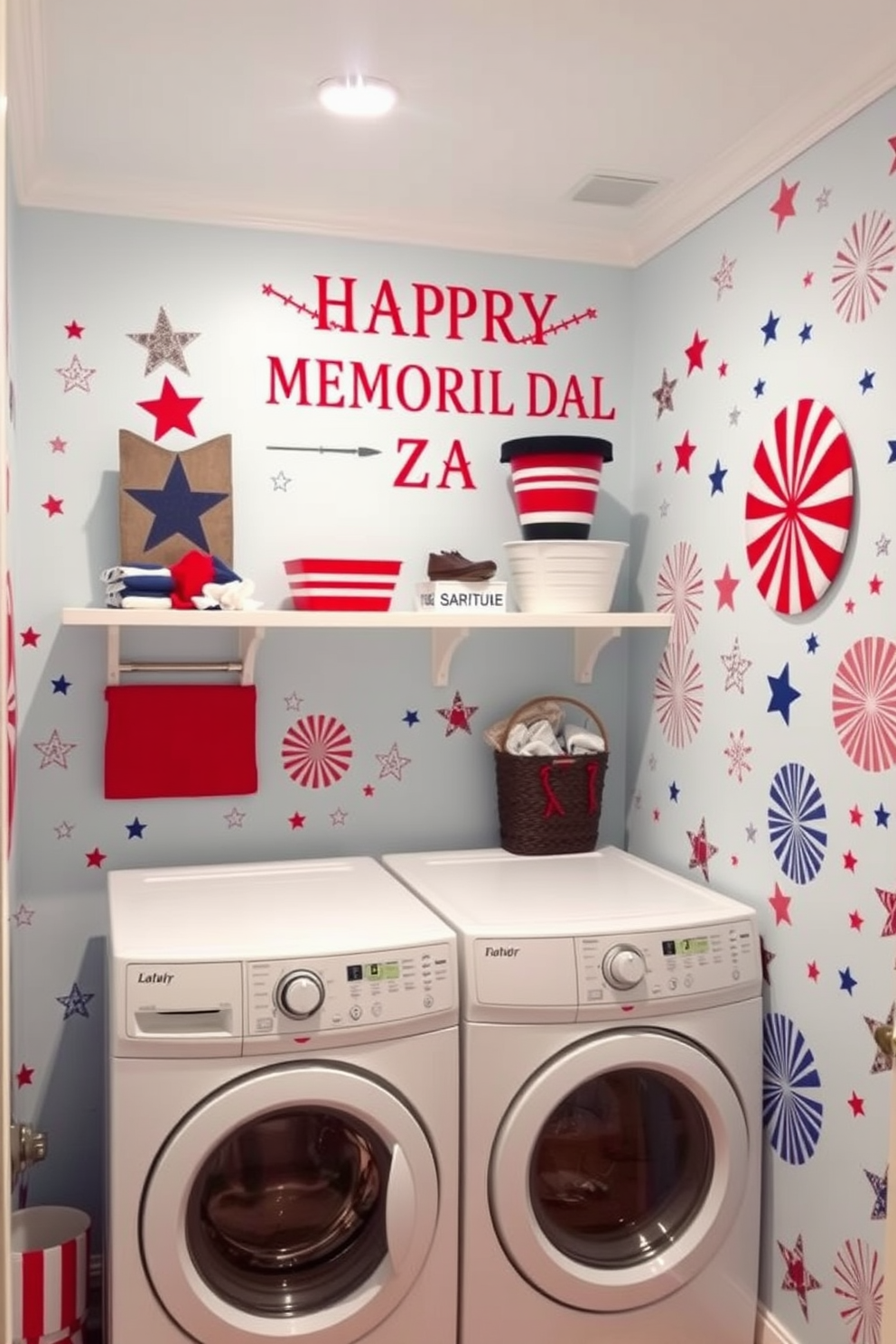 A vibrant laundry room adorned with patriotic themed wall decals celebrating Memorial Day. The walls feature a mix of red, white, and blue designs, including stars and stripes, creating a festive atmosphere.