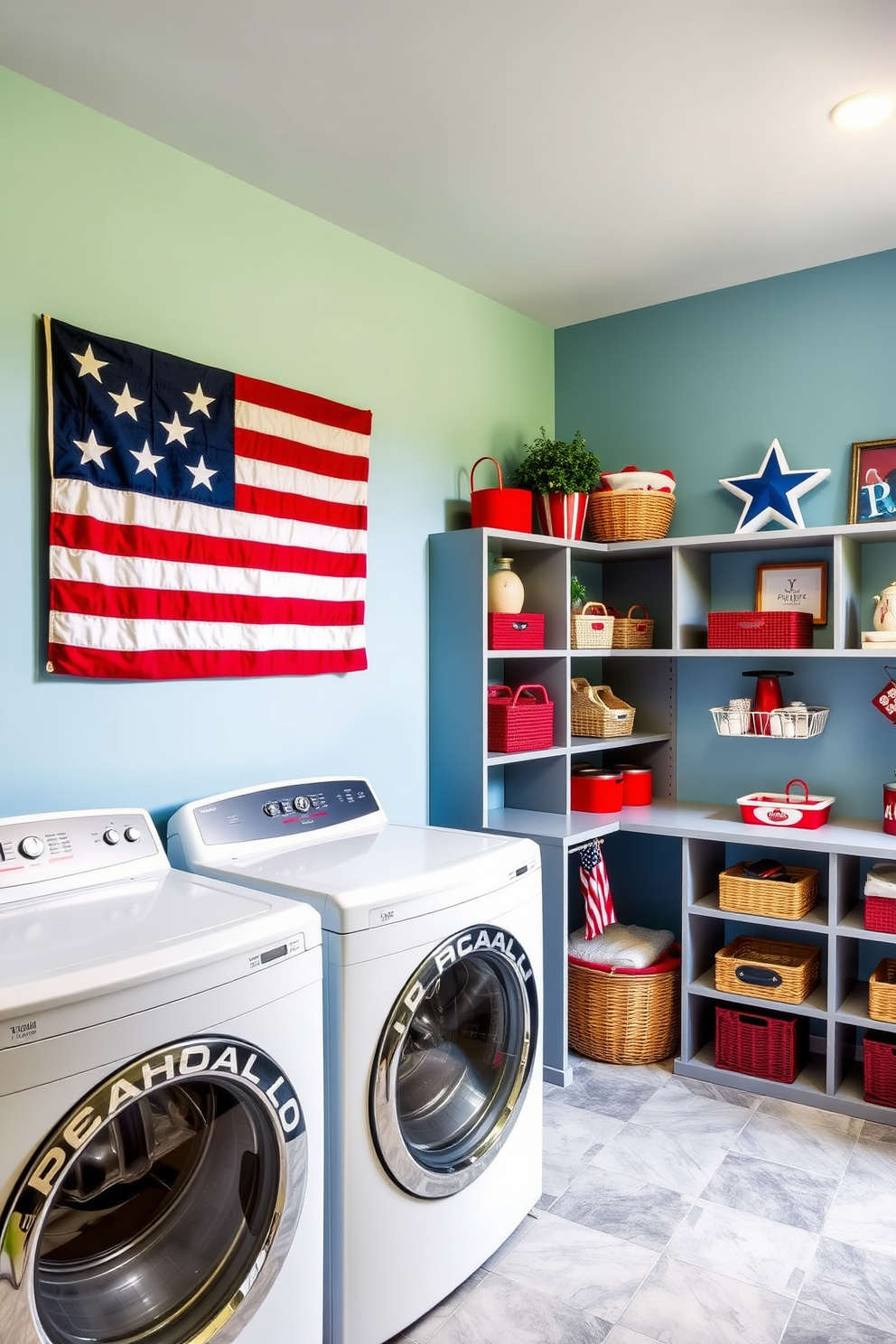 A vibrant laundry room featuring a large star spangled banner wall art as the focal point. The walls are painted in a soft blue hue, complementing the red and white accents throughout the space. Functional open shelving is adorned with decorative baskets and patriotic-themed accessories. The flooring consists of durable, easy-to-clean tiles in a light gray color, enhancing the room's practicality.