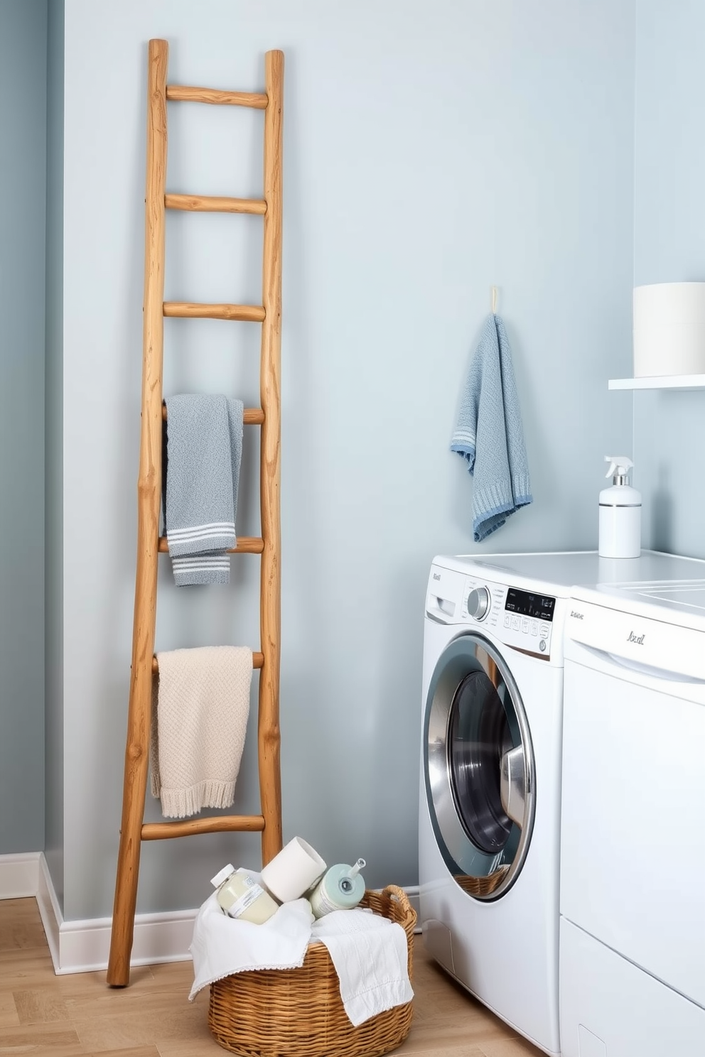 A stylish laundry room featuring a decorative ladder for hanging towels. The ladder is made of natural wood and leans against a soft blue wall, adding a touch of rustic charm. Next to the ladder, a bright white washing machine and dryer are neatly arranged. A woven basket sits on the floor, filled with fresh towels and laundry essentials, creating an inviting atmosphere.