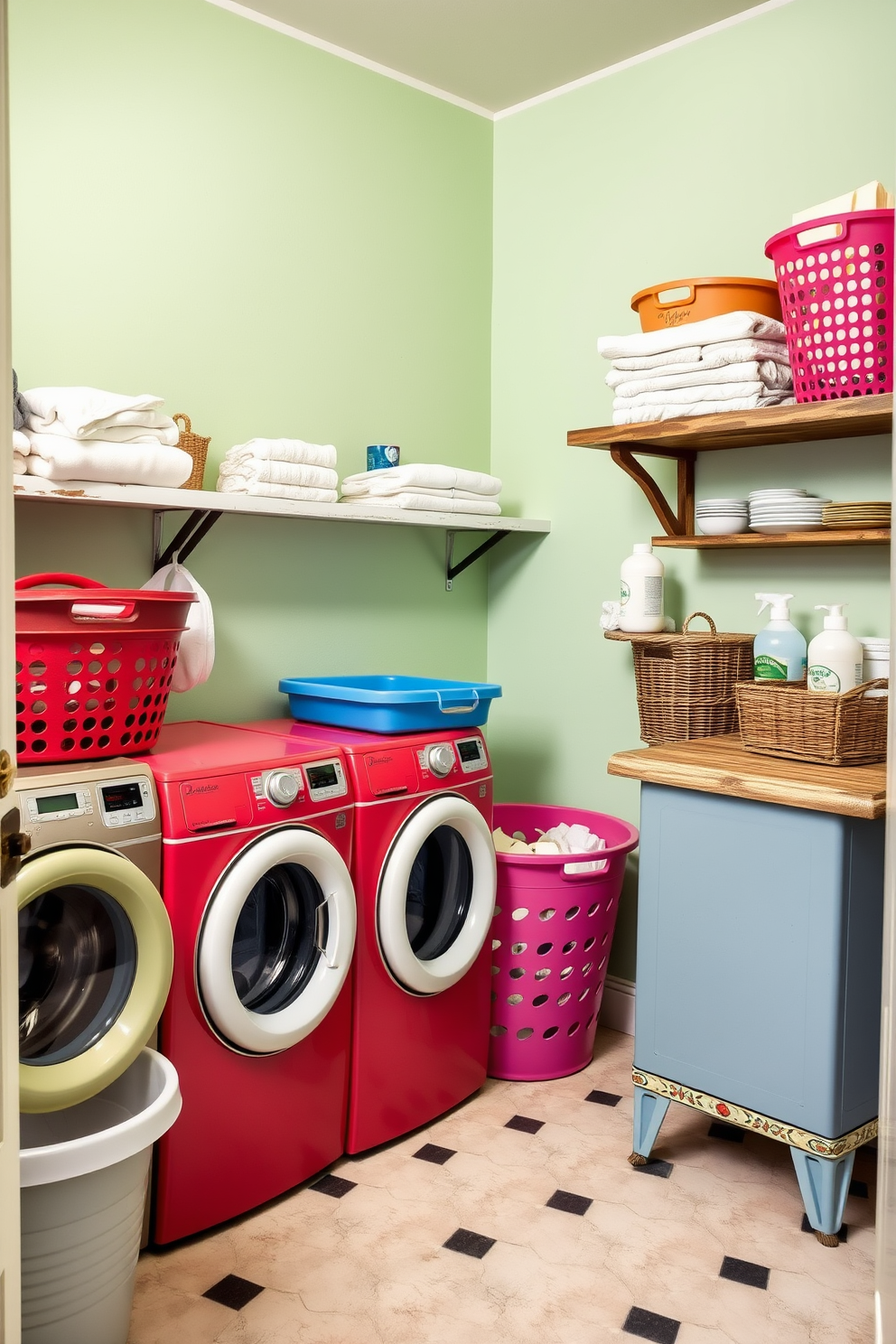 A vintage laundry room featuring vibrant laundry baskets in bold colors. The walls are painted in a soft pastel hue, complemented by rustic shelving that holds neatly folded towels and laundry supplies.