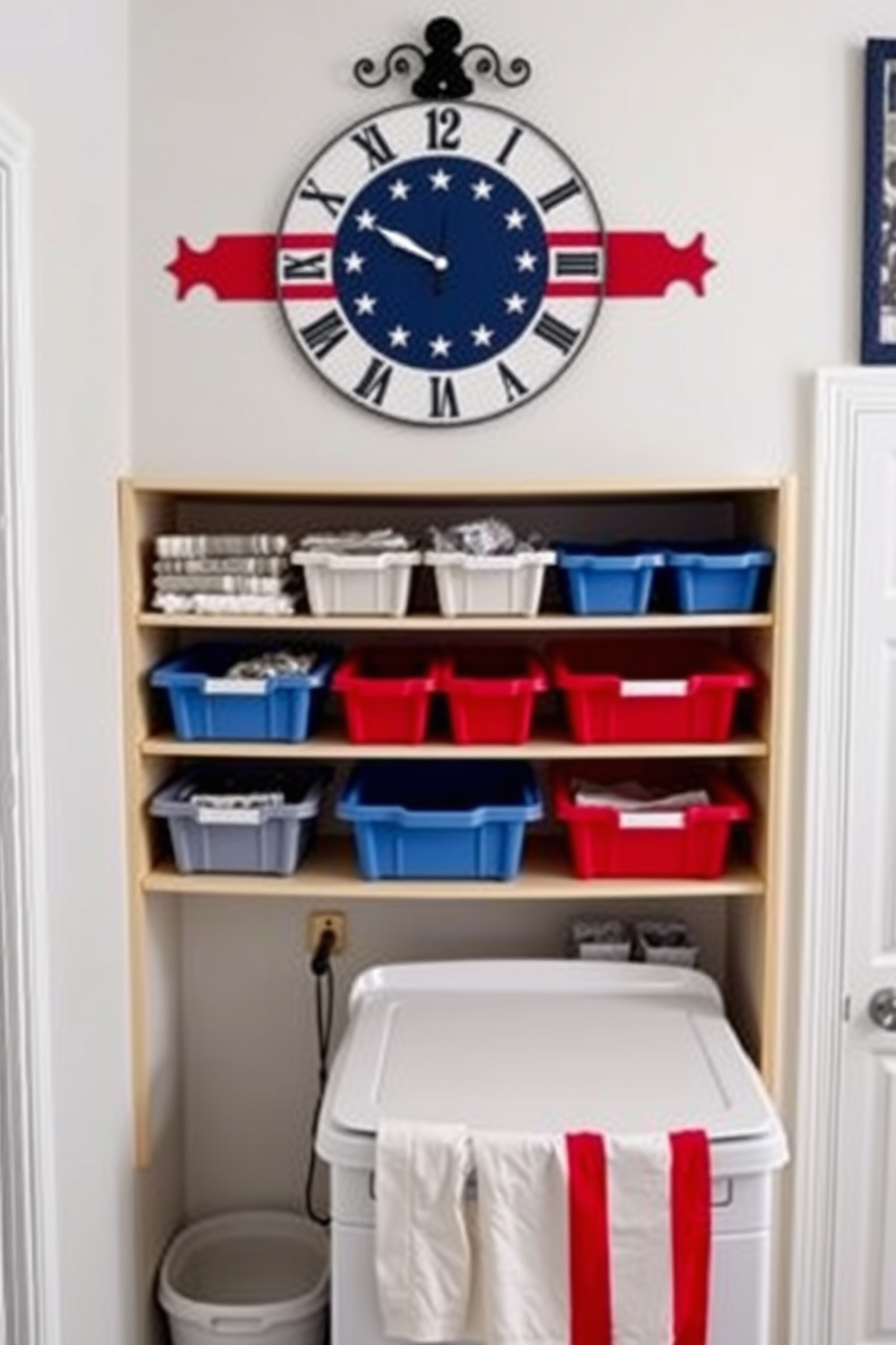 A laundry room featuring a wall clock with a patriotic design. The clock is prominently displayed above a functional folding table, surrounded by neatly organized shelves filled with colorful storage bins.