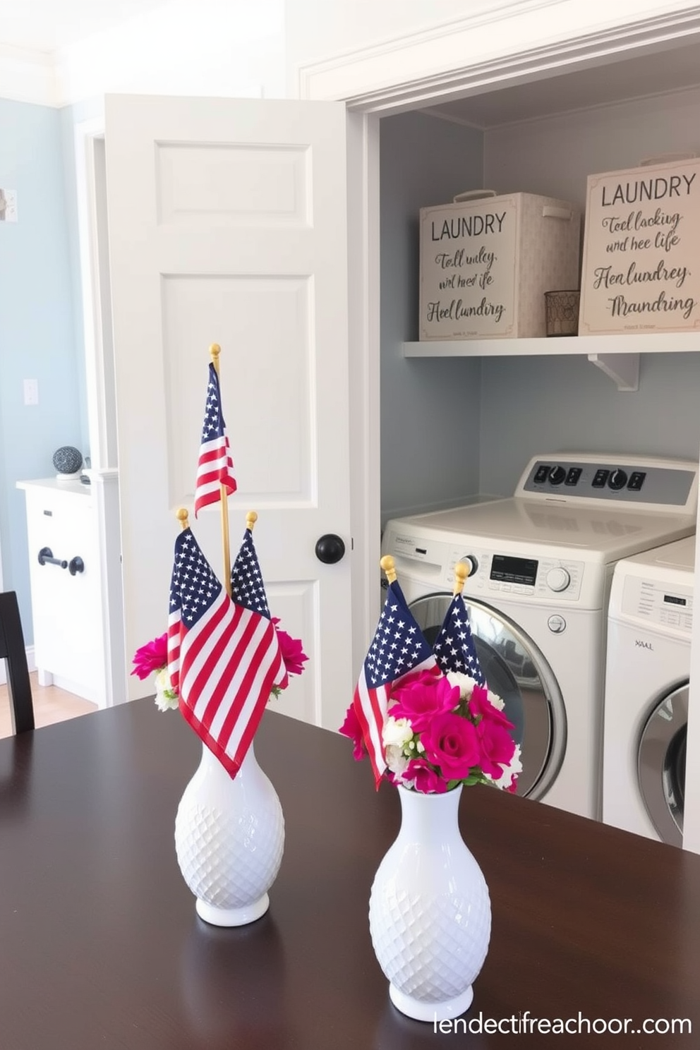 Tabletop flags in decorative vases create a festive and patriotic atmosphere for Memorial Day celebrations. The vases are filled with vibrant flowers that complement the flags, enhancing the overall decor. In the laundry room, a cheerful color palette of soft blues and whites brings a fresh and inviting feel. Decorative accents such as patterned storage bins and wall art featuring laundry-themed quotes add personality and charm to the space.