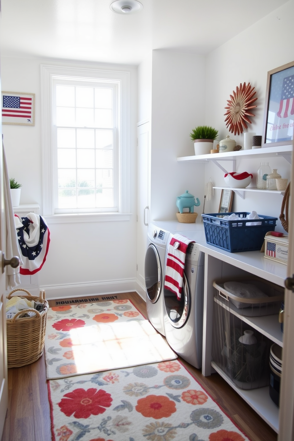 Seasonal artwork celebrating Memorial Day adorns the walls of a bright and airy laundry room. The space features a large window that lets in natural light, highlighting the patriotic colors of red, white, and blue in the artwork. Functional storage solutions are integrated seamlessly with decorative elements, including a stylish laundry basket and shelf displays. A cheerful rug adds warmth to the room, creating an inviting atmosphere for laundry tasks.