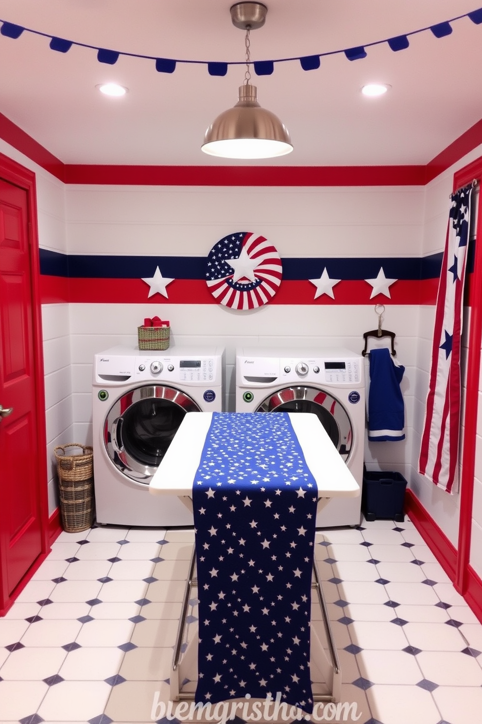 A bright laundry folding area featuring patriotic colors inspired by Memorial Day. The walls are painted in a crisp white with red and blue accents, and a large folding table sits in the center, adorned with a cheerful blue runner.