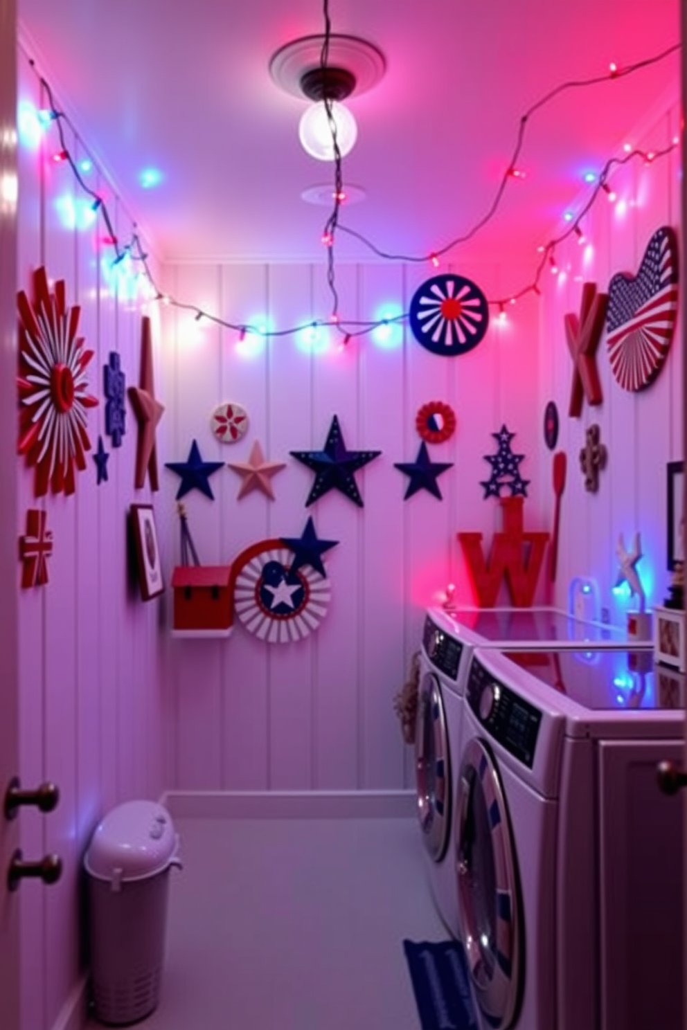 A vibrant laundry room featuring red white and blue themed lighting. The walls are adorned with patriotic decor and the space is illuminated by string lights in these colors, creating a festive atmosphere.