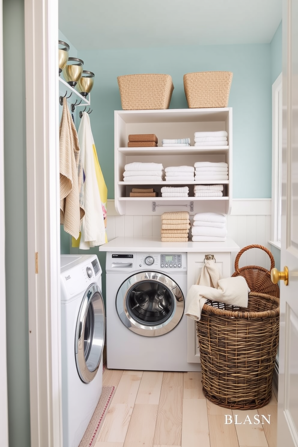 A bright and cheerful laundry room featuring decorative hooks for aprons and towels. The walls are painted in a soft pastel blue, and the floor is adorned with light-colored wood tiles. Stylish and functional storage solutions are incorporated, with open shelving displaying neatly folded linens. A vintage-inspired laundry basket sits in the corner, adding charm to the space.