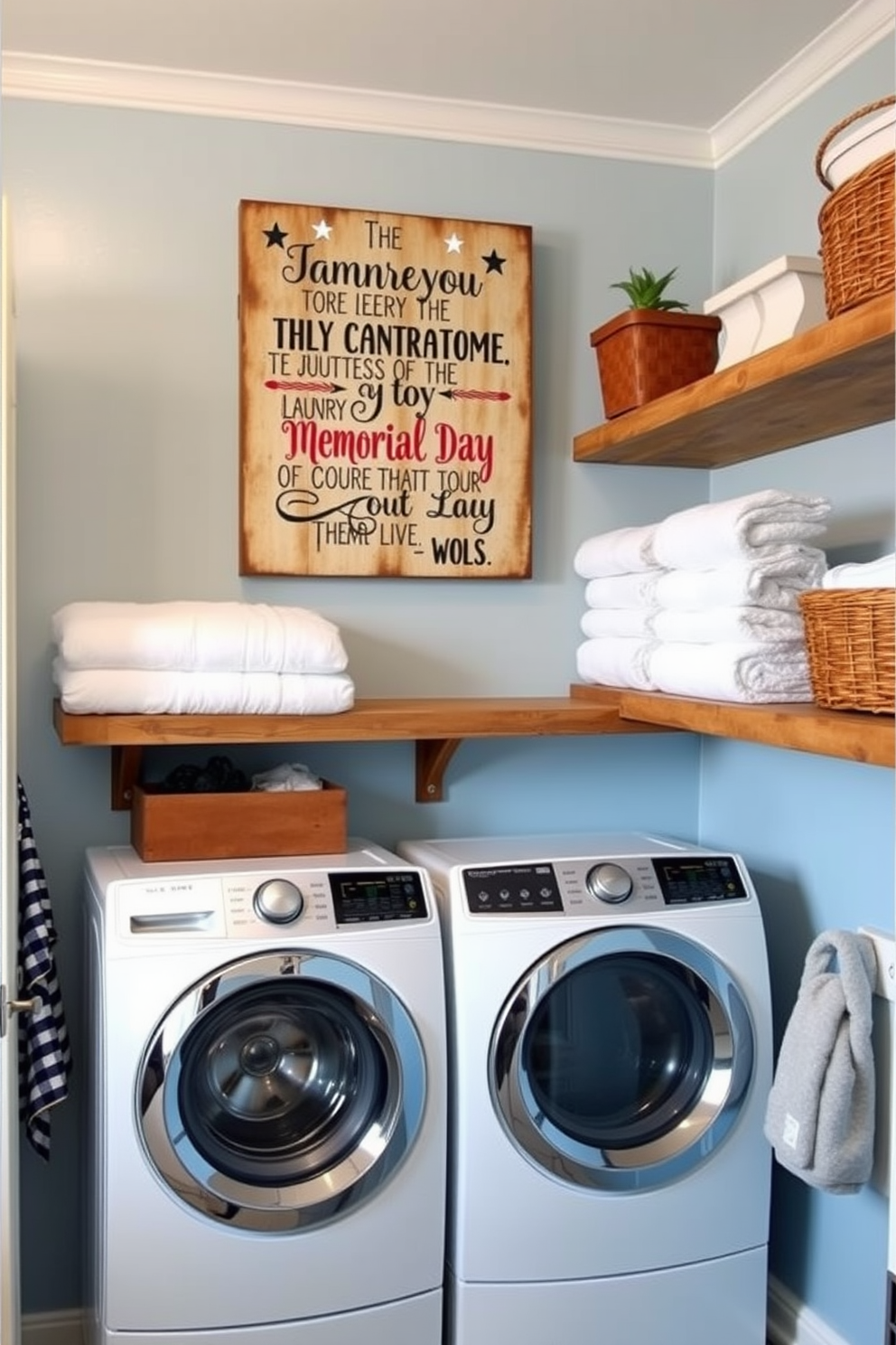 A charming laundry room adorned with a sign featuring a patriotic quote that celebrates Memorial Day. The walls are painted in a soft blue hue, and rustic wooden shelves are filled with neatly folded towels and decorative baskets.