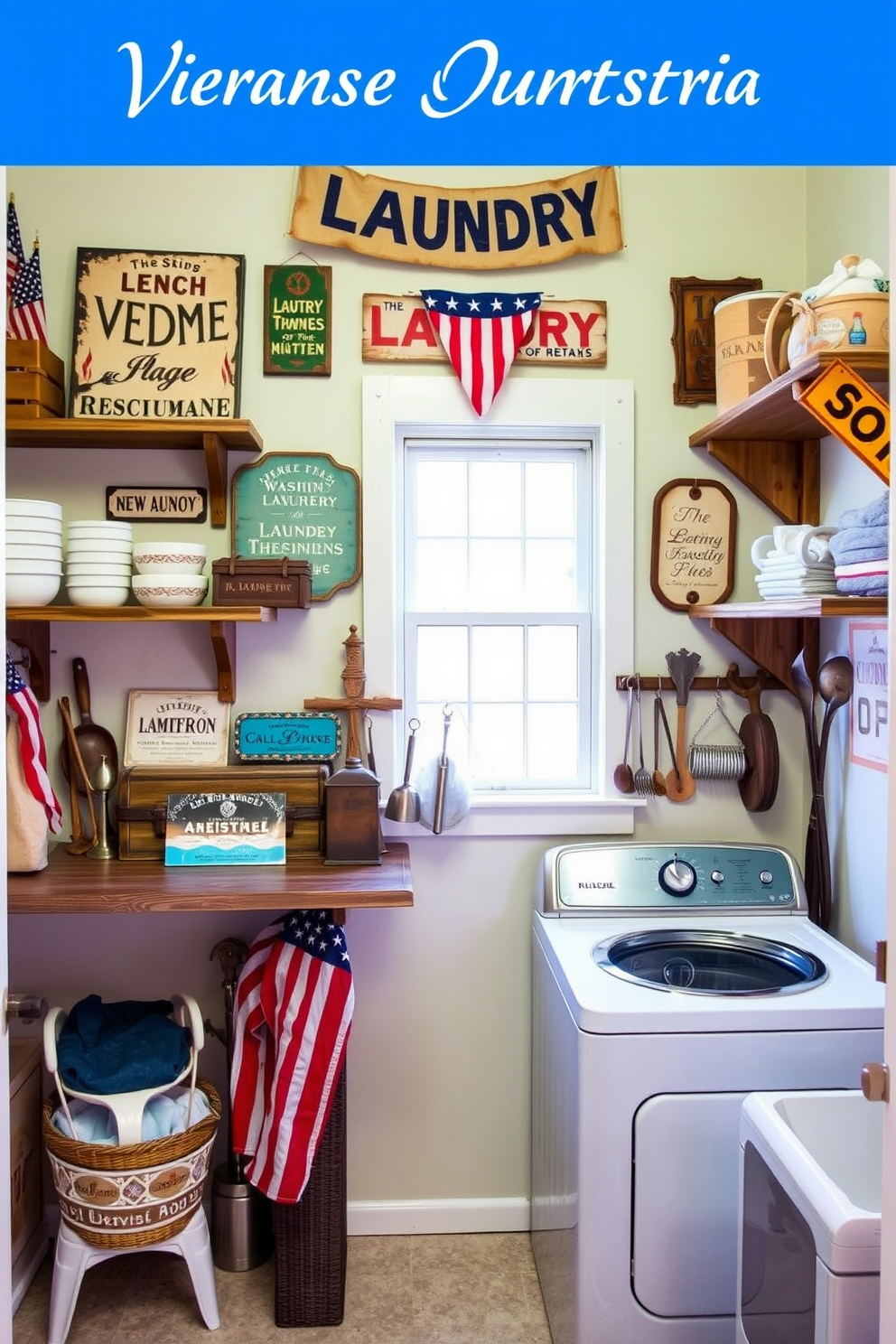 Vintage laundry signs with flags create a charming and nostalgic atmosphere in the laundry room. The walls are adorned with colorful banners and signs that evoke a sense of Americana, complemented by rustic wooden shelving for storage. A vintage washing machine sits prominently, showcasing its classic design alongside modern conveniences. Soft, pastel colors on the wall add warmth, while a collection of vintage laundry tools is displayed for added character.