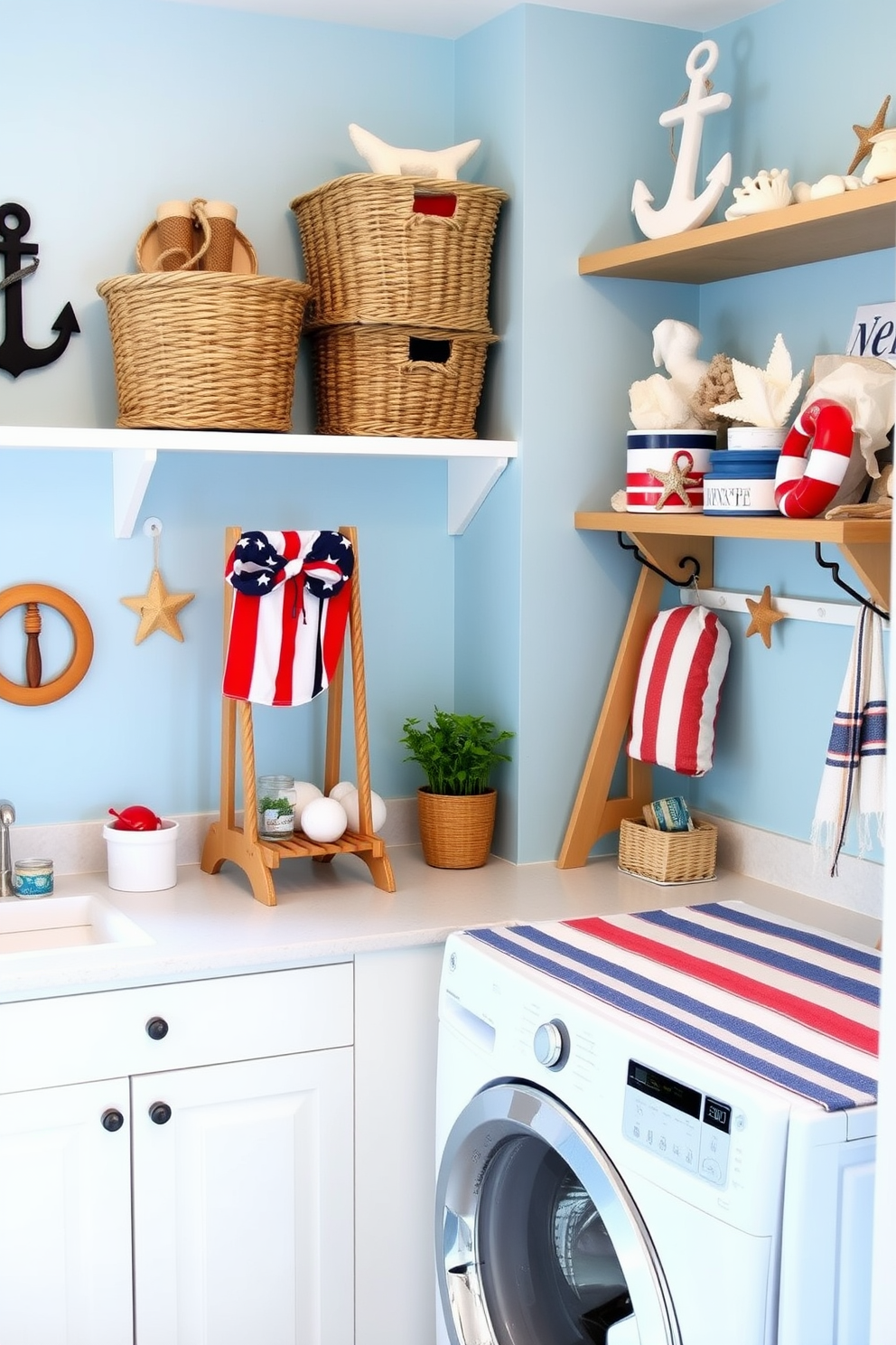 A bright and airy laundry room featuring nautical themed accessories. The walls are painted in a soft ocean blue, and decorative elements like rope baskets and anchor motifs are strategically placed throughout the space. A vintage wooden drying rack stands against one wall, adorned with red, white, and blue accents to celebrate Memorial Day. The countertops are topped with a cheerful striped runner, and a collection of seashells and starfish are displayed on shelves above the washer and dryer.