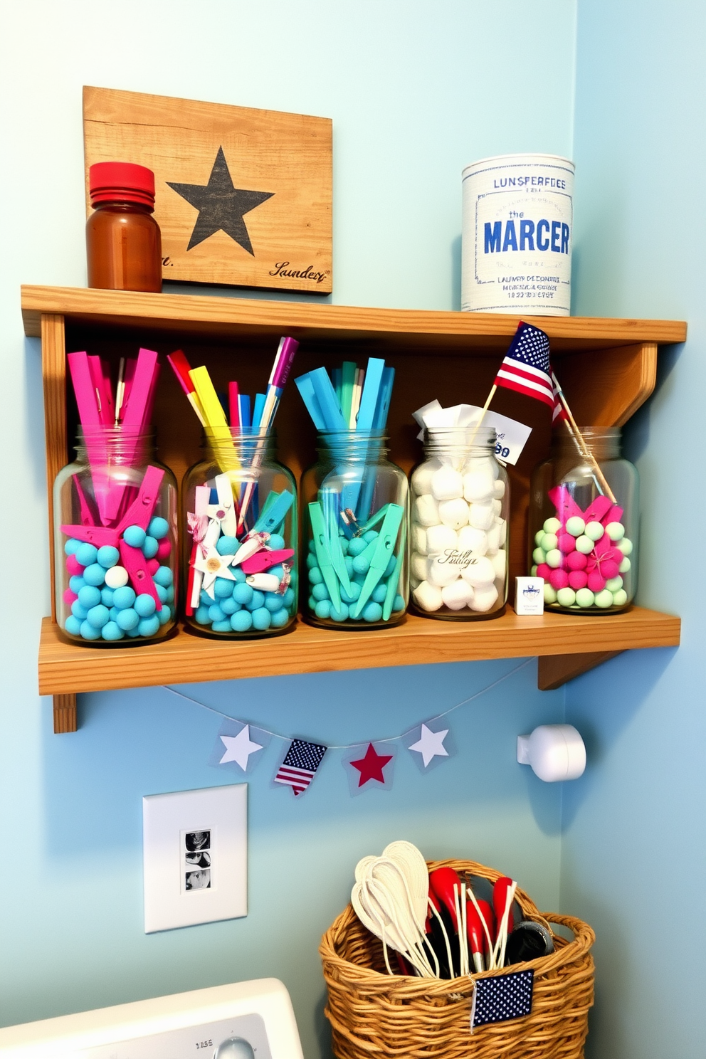 Decorative mason jars are arranged on a rustic wooden shelf in the laundry room. Each jar is filled with colorful laundry essentials like clothespins, detergent pods, and dryer sheets, adding a cheerful touch. The walls are painted in a soft blue hue, creating a calming atmosphere. A patriotic theme is incorporated with subtle Memorial Day decorations like small flags and red, white, and blue accents throughout the space.