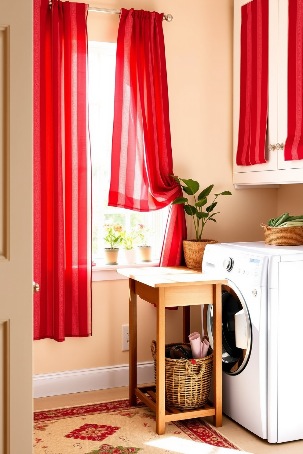 A bright and airy laundry room featuring red striped curtains that add a vibrant pop of color. The space includes a white washer and dryer stacked neatly with a wooden folding table beside them, adorned with a decorative basket for laundry essentials. The walls are painted in a soft beige tone to create a warm backdrop. A vintage-style rug in red and cream complements the curtains, while potted plants on the windowsill bring a touch of nature indoors.