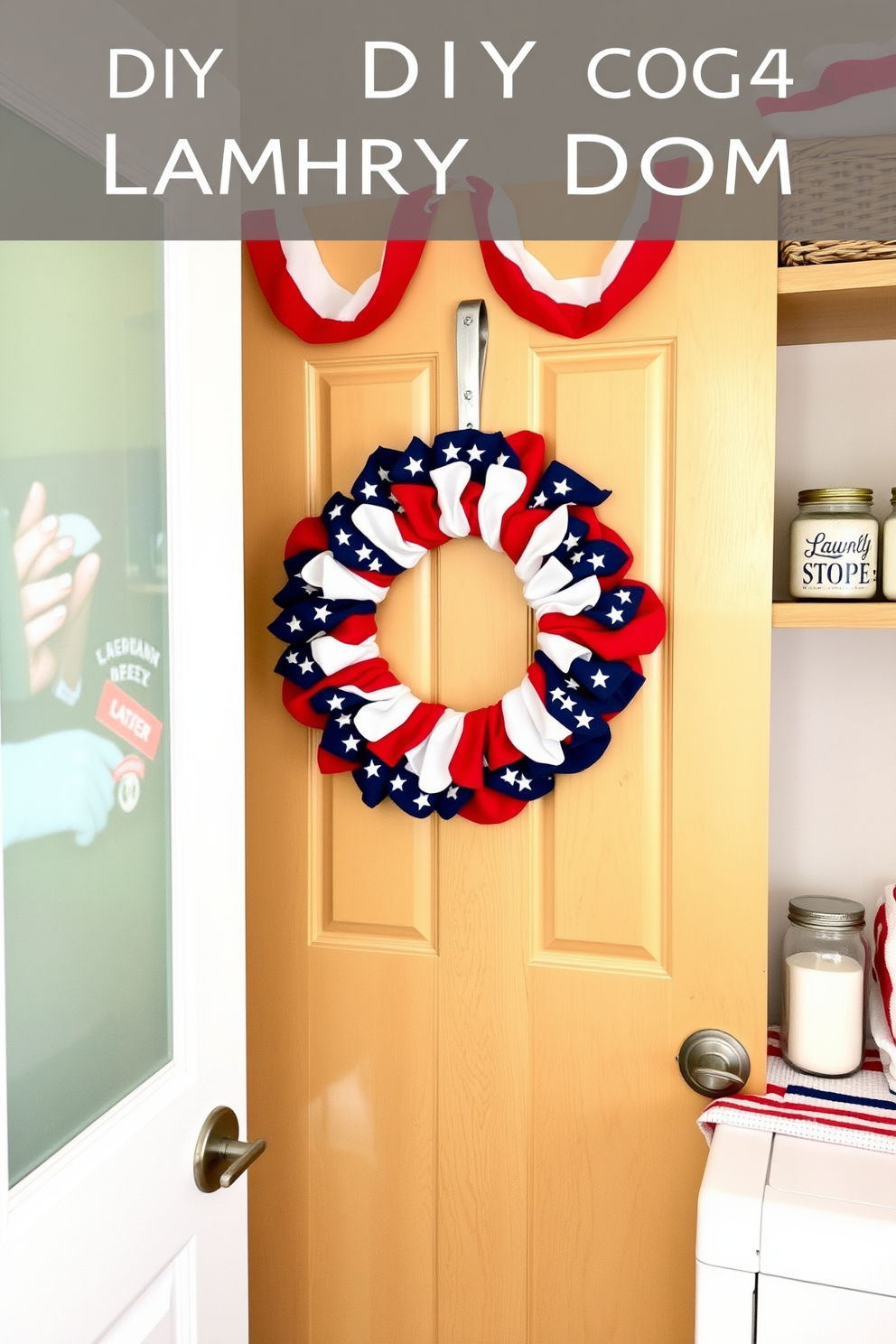 A charming DIY laundry room decorated for Memorial Day features a vibrant wreath made of red white and blue flags hanging on the door. The space is organized with wooden shelves displaying neatly folded towels and decorative jars filled with laundry supplies.