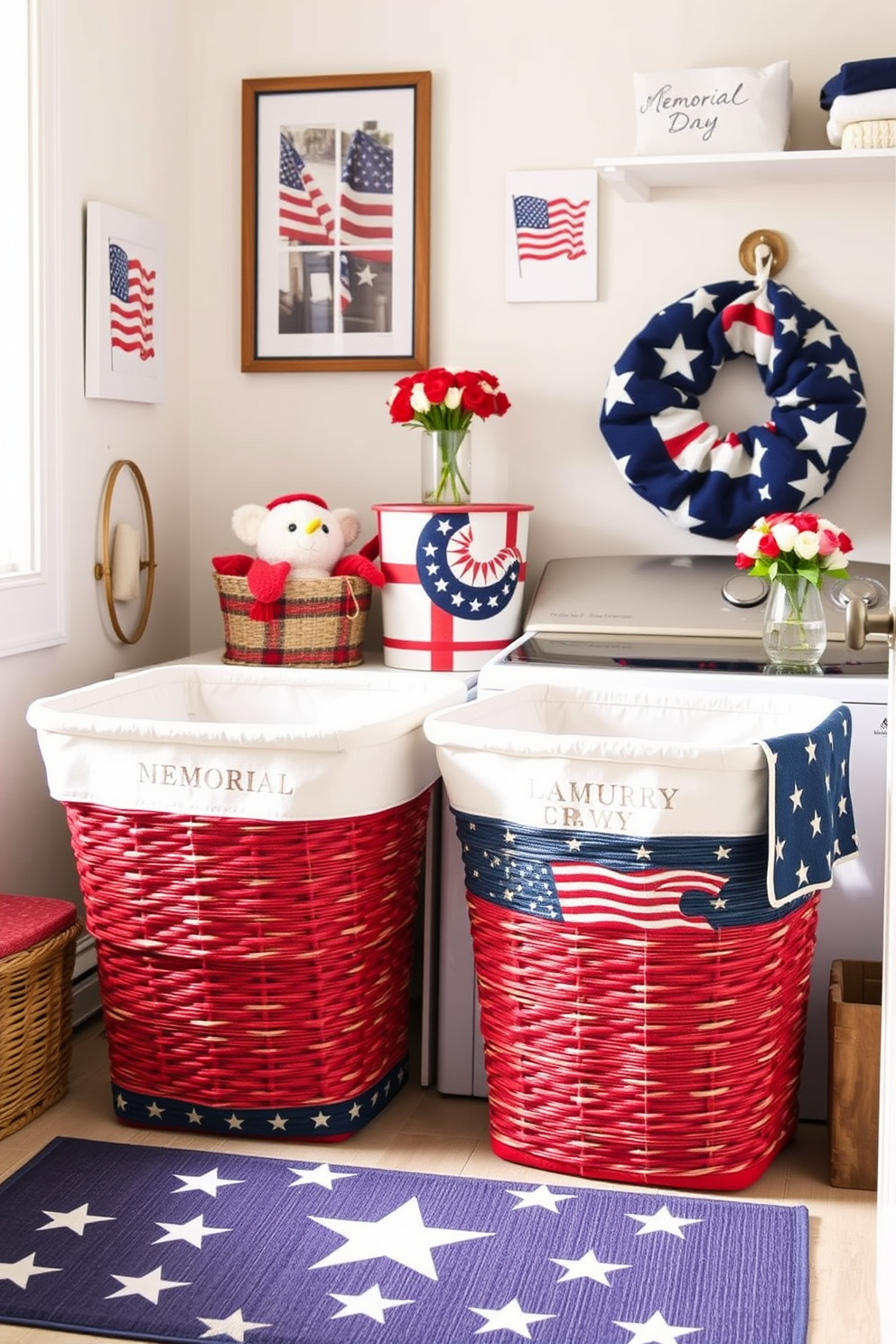 A patriotic laundry room featuring Memorial Day themed laundry baskets in red white and blue colors. The baskets are made of woven fabric and display stars and stripes patterns adding a festive touch to the space. The laundry room is decorated with subtle nods to the holiday such as wall art depicting flags and a small table with a vase of fresh flowers in patriotic colors. A cheerful rug with a stars pattern lies beneath the washing machine and dryer creating a warm and inviting atmosphere.