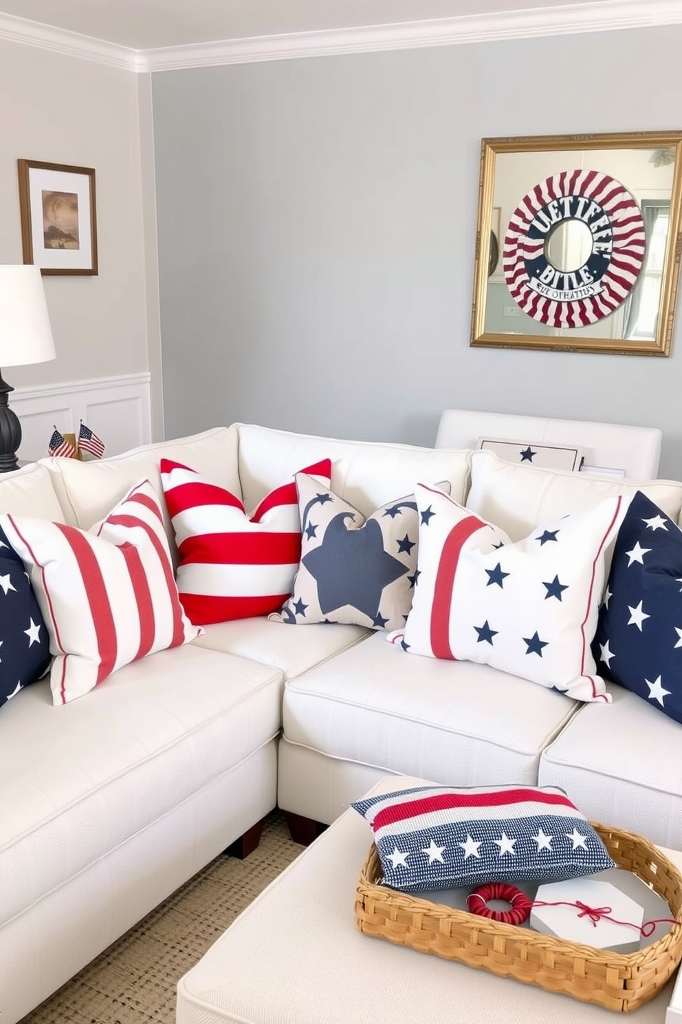 A cozy living room setting adorned with red, white, and blue throw pillows arranged on a plush white sofa. The pillows feature various patterns including stripes and stars, creating a festive atmosphere perfect for Memorial Day celebrations.